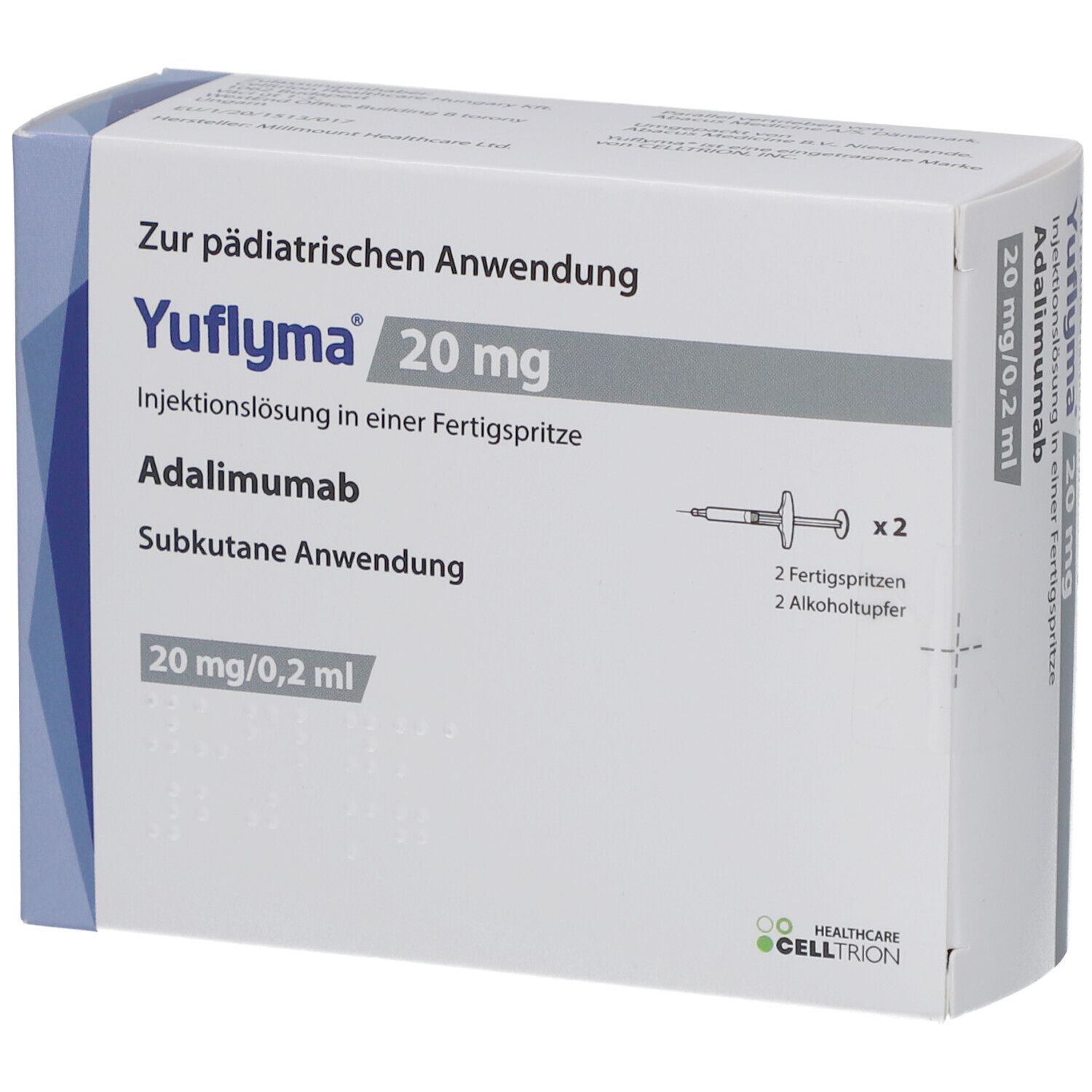 Schachtel mit YUFLYMA 20 mg/0,2 ml Injektionslösung. Enthält zwei Fertigspritzen und zwei Alkoholtupfer.