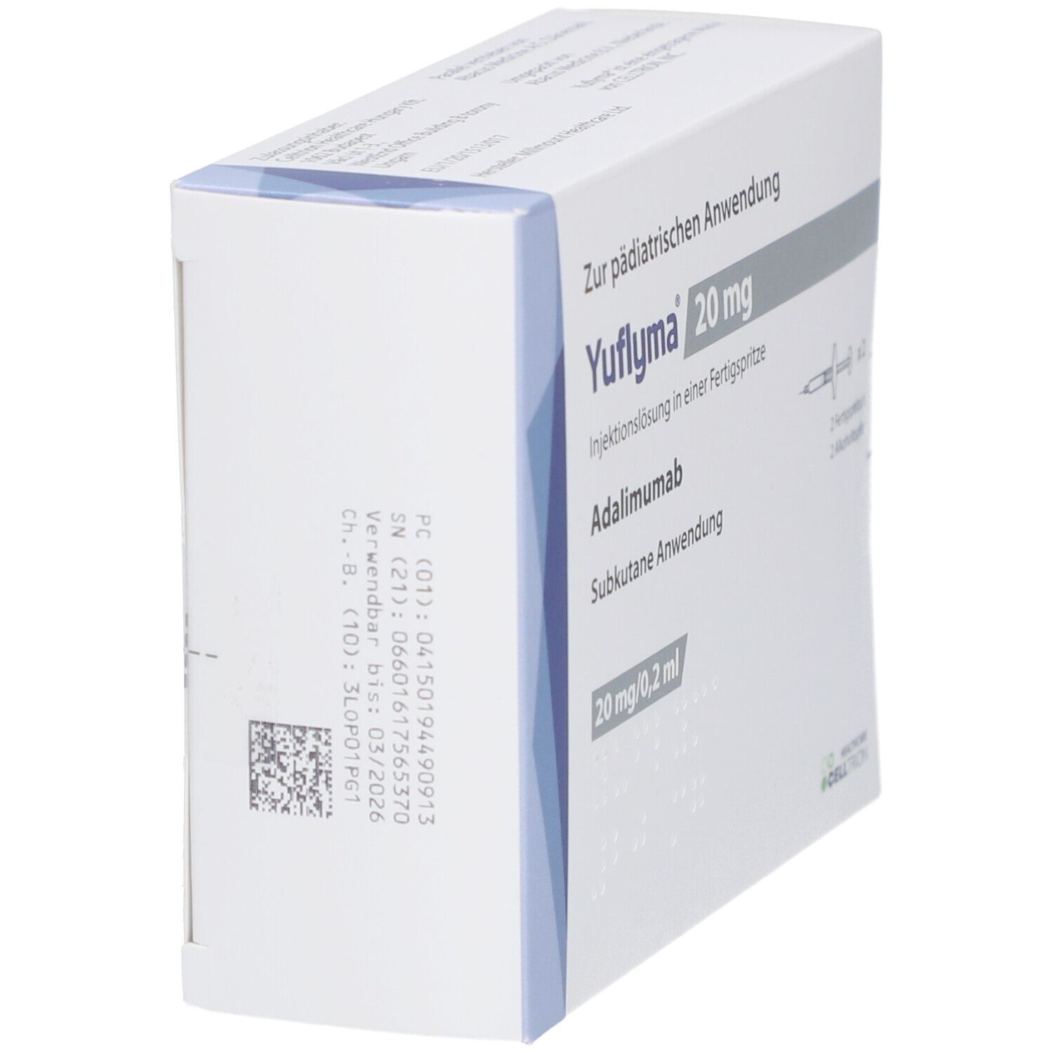 Seitenansicht der YUFLYMA-Schachtel. Aufschrift: YUFLYMA 20 mg, Adalimumab, subkutane Anwendung. Details zur Anwendung.