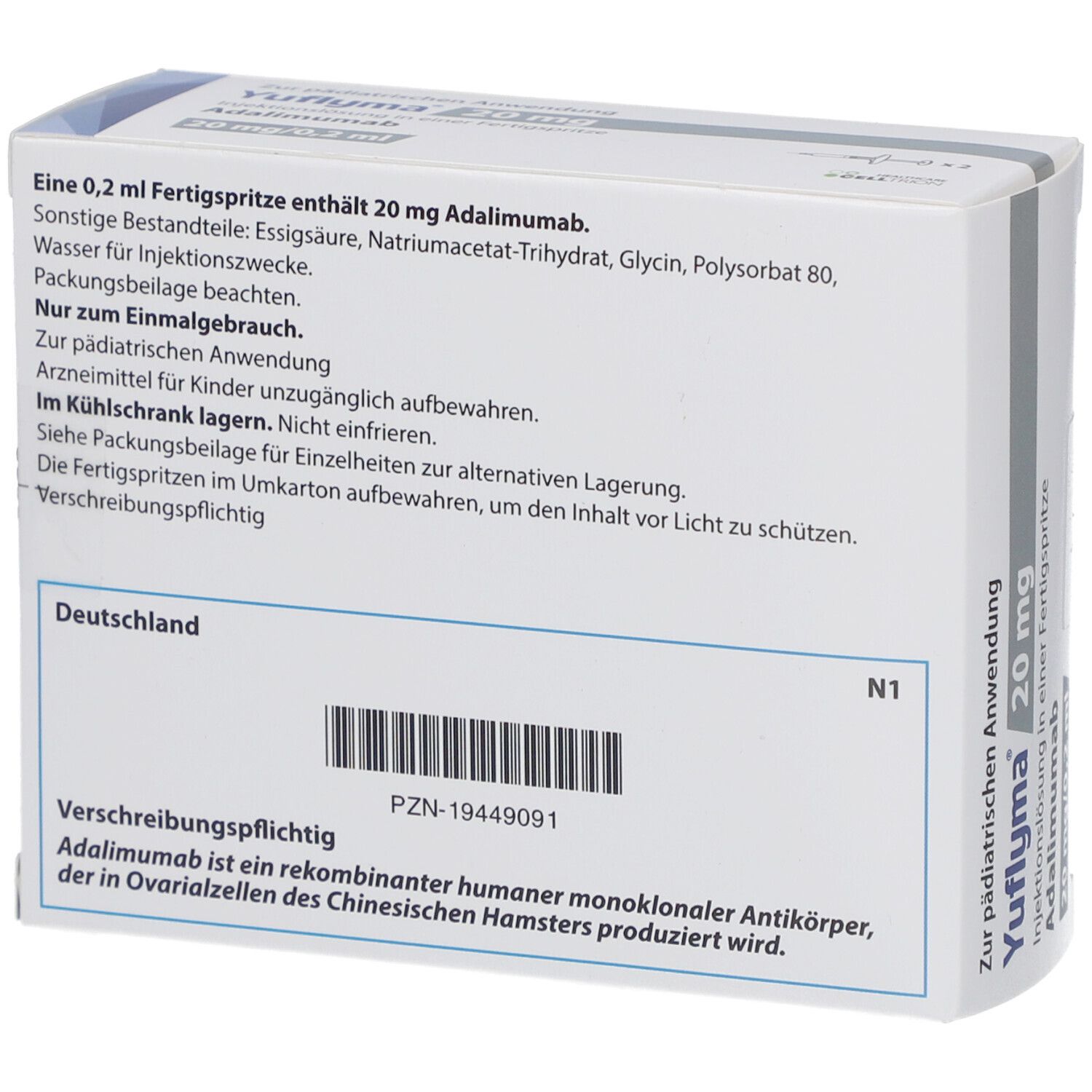 Rückseite der YUFLYMA-Schachtel. Enthält Informationen zu Inhaltsstoffen, Anwendungshinweisen und Hersteller.
