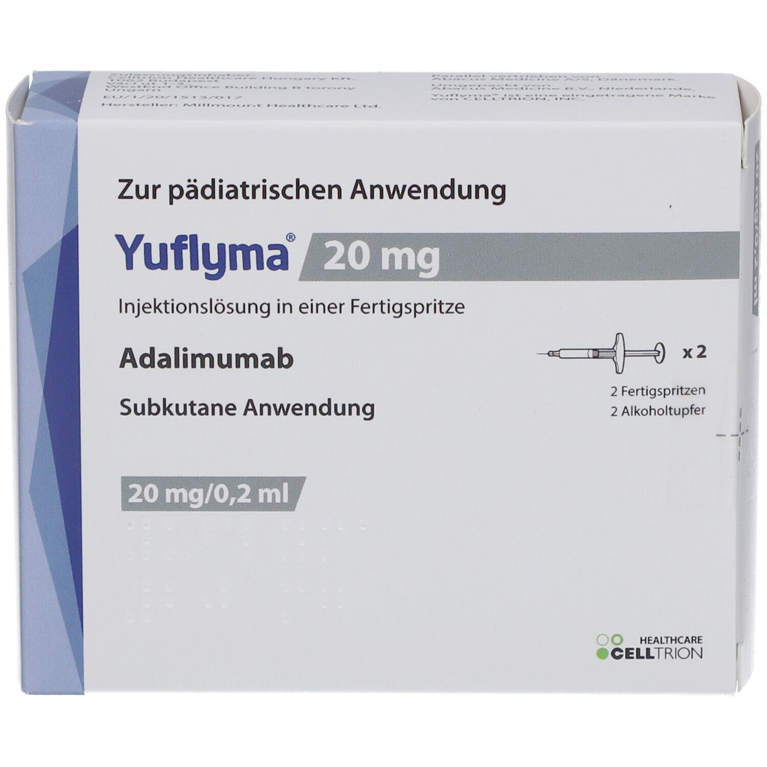 Vorderansicht der YUFLYMA-Schachtel. Aufschrift: YUFLYMA 20 mg, Injektionslösung in Fertigspritze. Enthält 2 Spritzen.