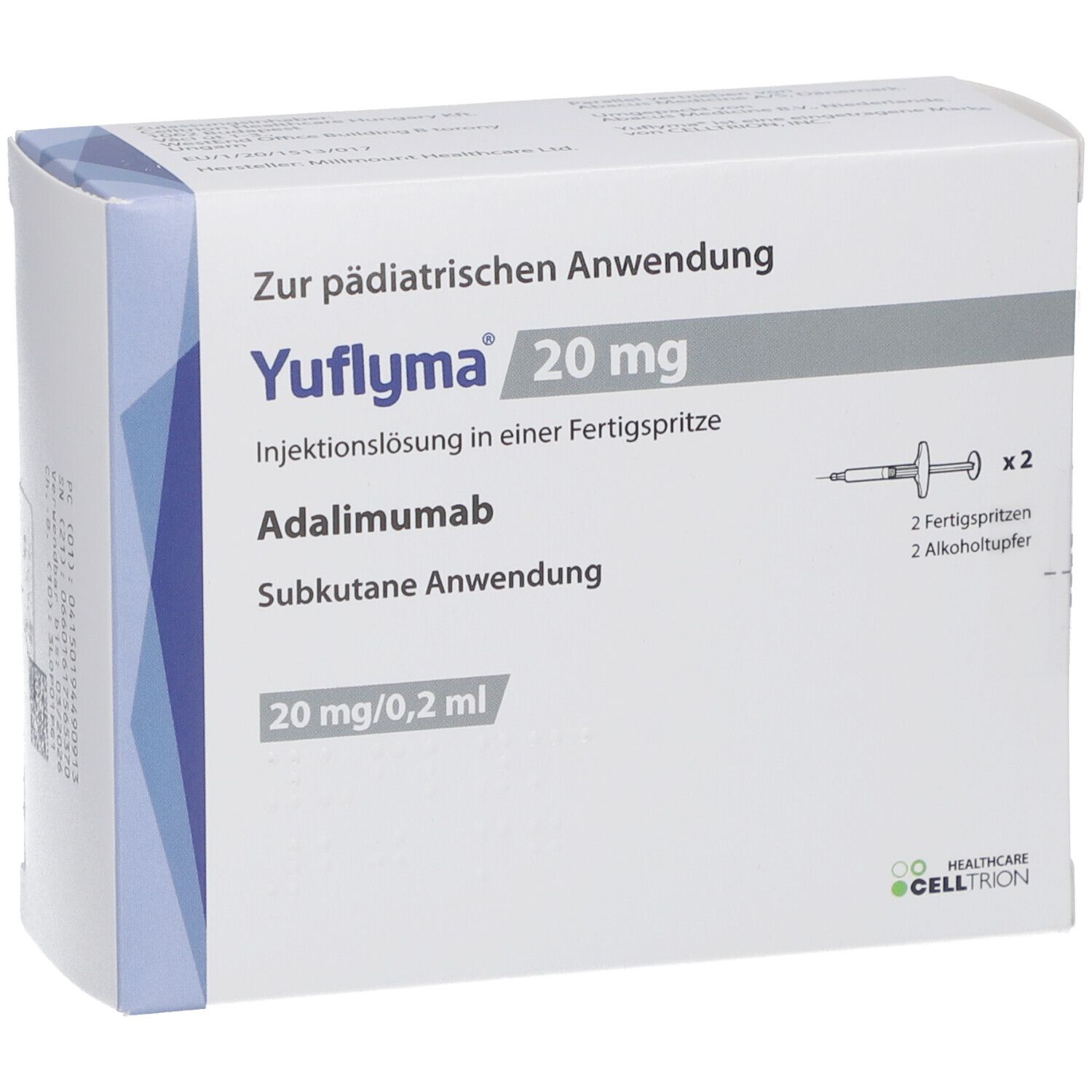 Vorderansicht der YUFLYMA-Schachtel. Aufschrift: YUFLYMA 20 mg, Injektionslösung in Fertigspritze. Enthält 2 Spritzen.