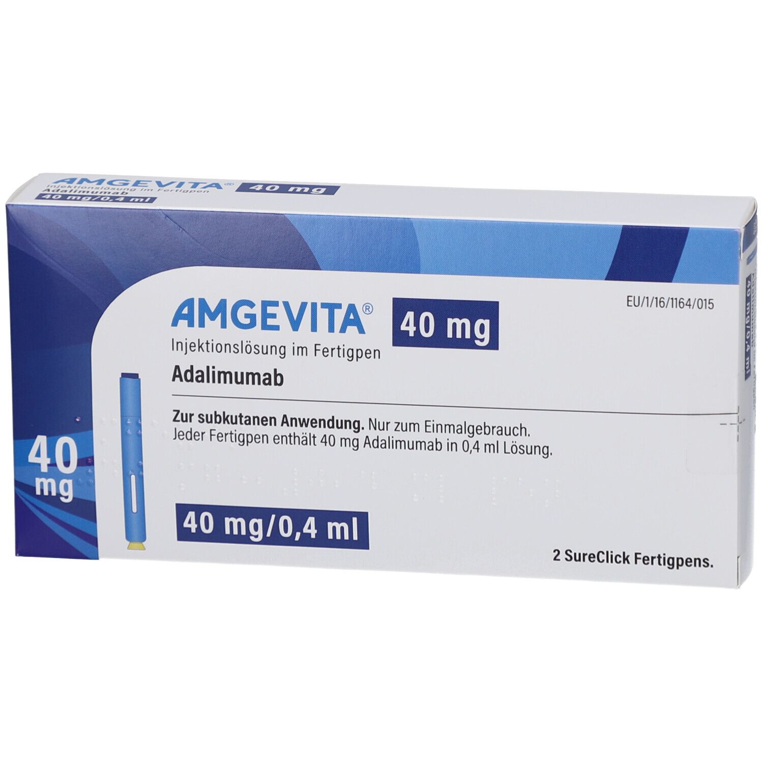 Schachtel mit AMGEVITA 40 mg Fertigpen. Blaue und weiße Verpackung. Enthält 2 Fertigpens. Text: 40 mg/0,4 ml.