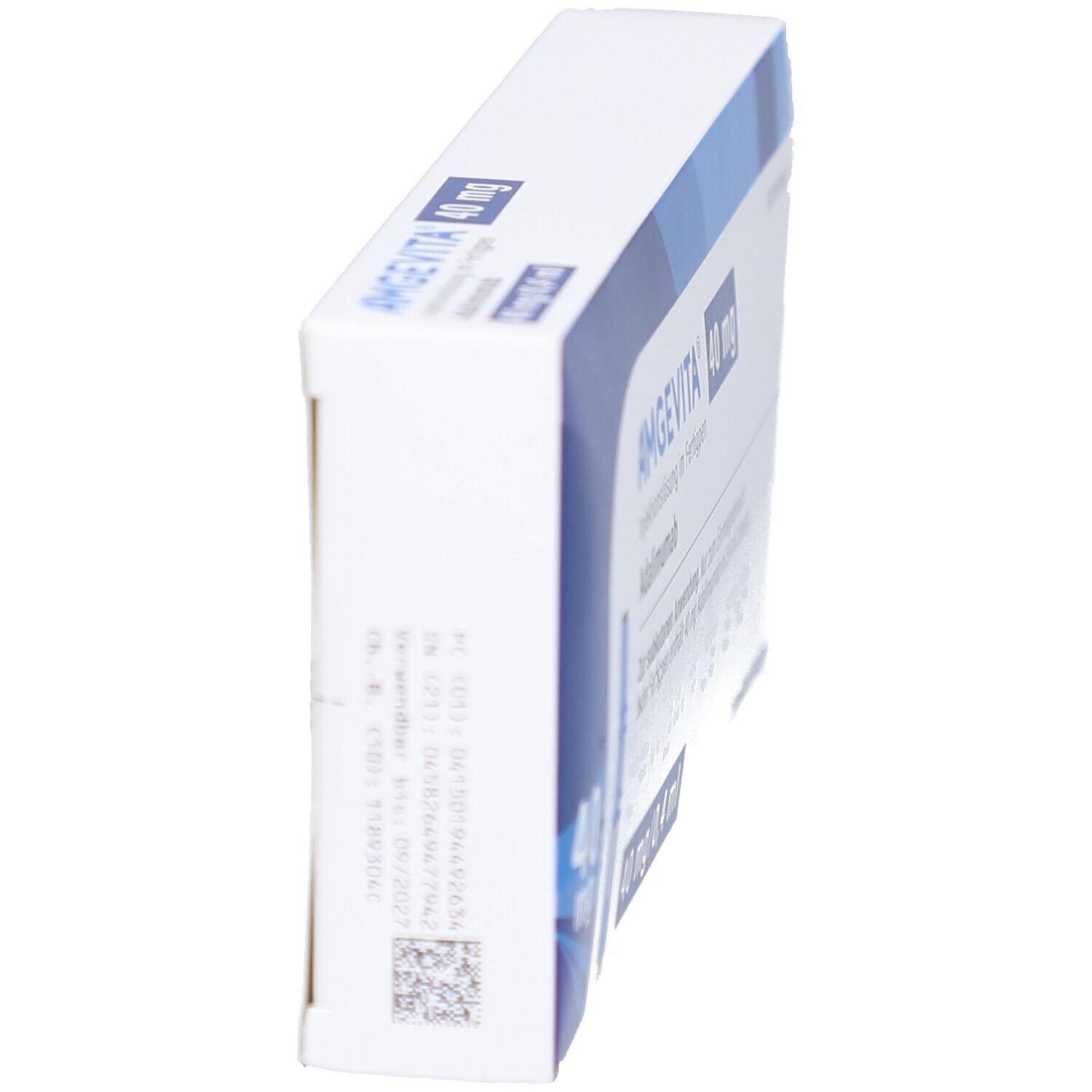 Seitenansicht der AMGEVITA-Verpackung. Weiße Schachtel mit blauen Akzenten. Text: AMGEVITA 40 mg. QR-Code und Chargennummer.
