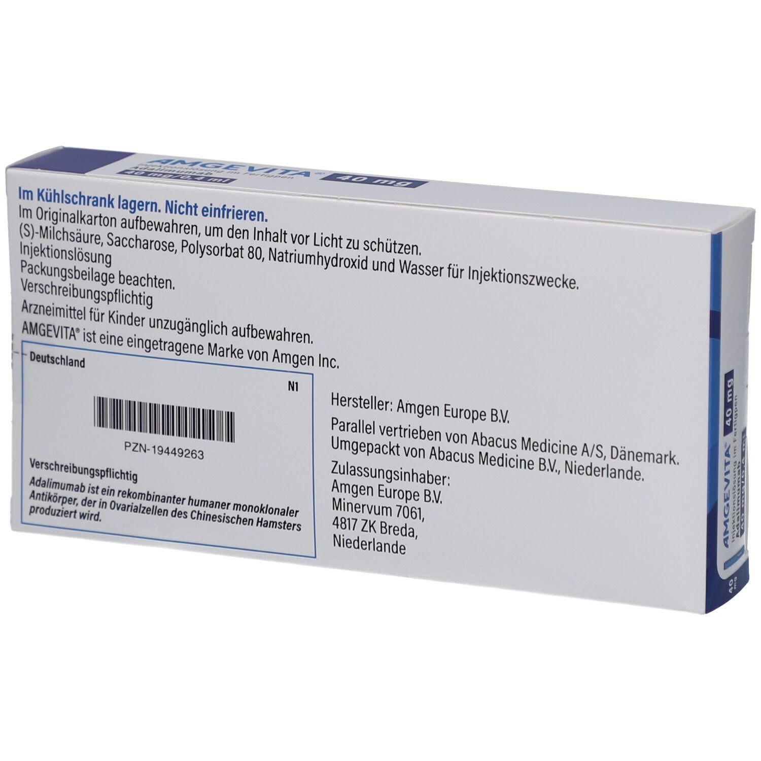 Rückseite der AMGEVITA-Verpackung. Enthält Textinformationen, Herstellerangaben und Chargennummer. Text: AMGEVITA 40 mg.