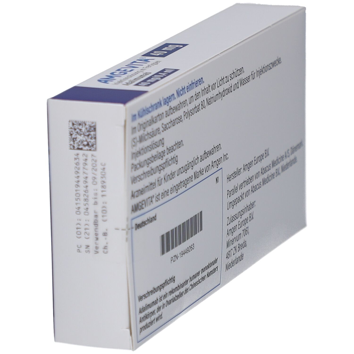 Rückseite der AMGEVITA-Verpackung. Enthält Textinformationen, Herstellerangaben und Chargennummer. Text: AMGEVITA 40 mg.
