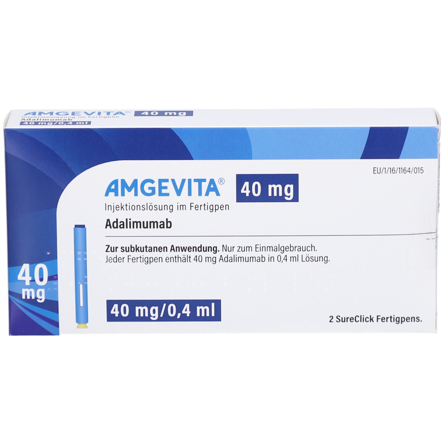 AMGEVITA 40 mg Fertigpen-Verpackung. Blaue und weiße Schachtel. Enthält 2 Fertigpens. Text: 40 mg/0,4 ml, Adalimumab.