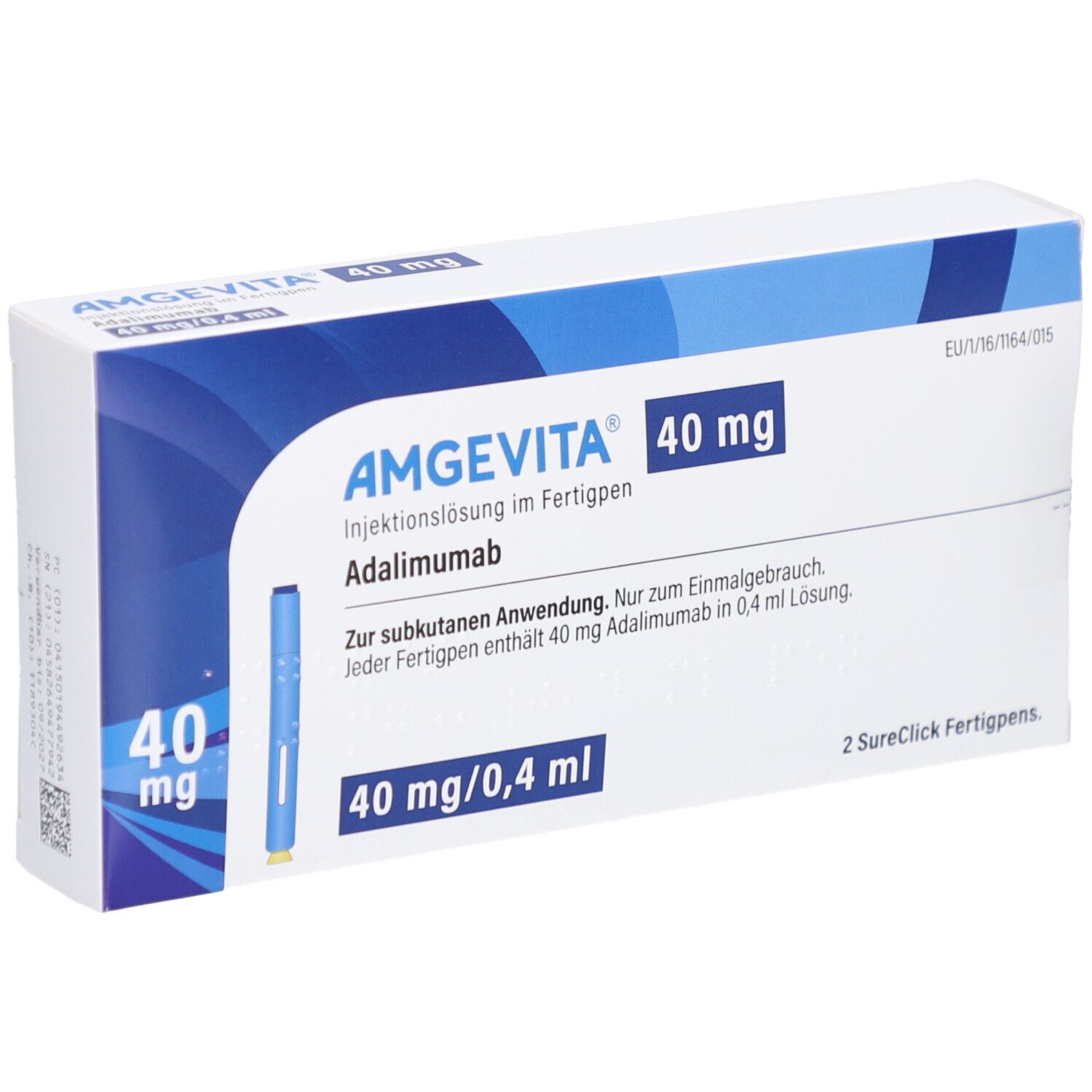 AMGEVITA 40 mg Fertigpen-Verpackung. Blaue und weiße Schachtel. Enthält 2 Fertigpens. Text: 40 mg/0,4 ml, Adalimumab.