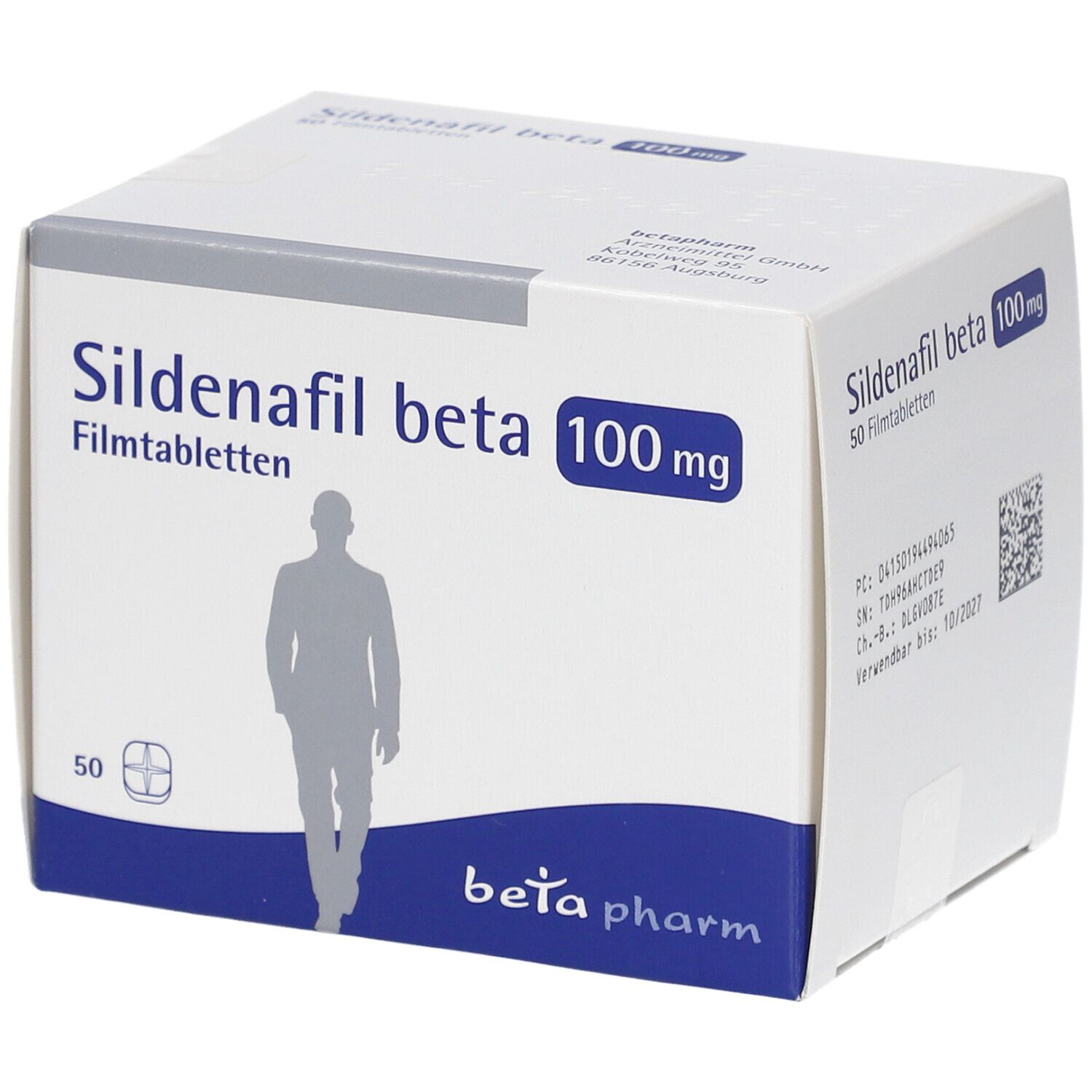 Schachtel mit Sildenafil beta 100 mg Filmtabletten. Aufdruck: beta pharm, 50 Filmtabletten, Männchen-Silhouette.