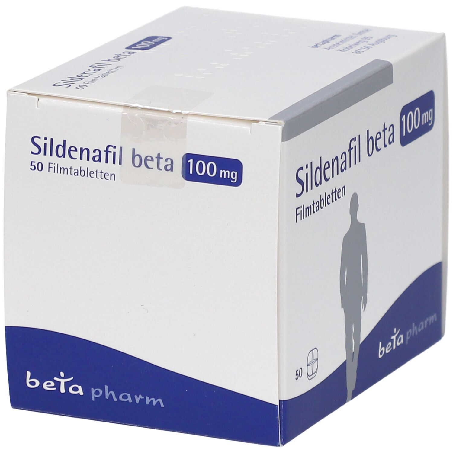 Sildenafil beta 100 mg Filmtabletten-Schachtel. Aufdruck: beta pharm, 50 Filmtabletten, Männchen-Silhouette.