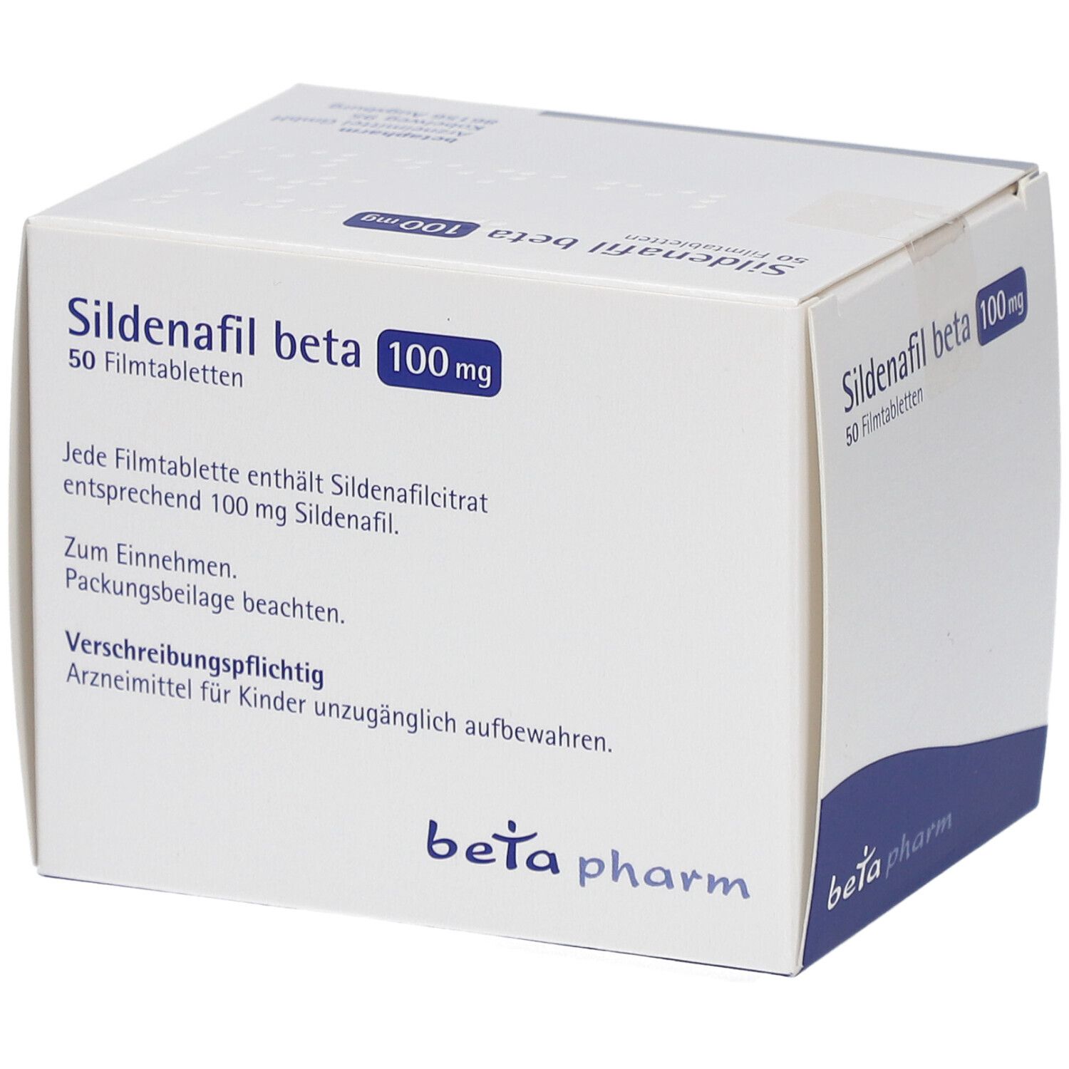 Sildenafil beta 100 mg Filmtabletten-Schachtel. Text: beta pharm, 50 Filmtabletten, Inhaltsangaben, Männchen-Silhouette.