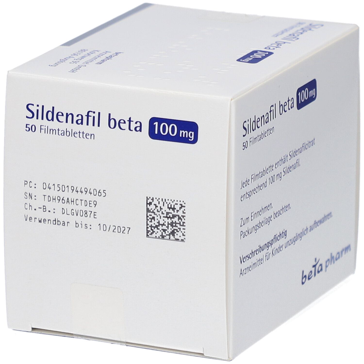 Sildenafil beta 100 mg Filmtabletten-Schachtel. Text: beta pharm, 50 Filmtabletten, Chargennummer, Verfallsdatum.