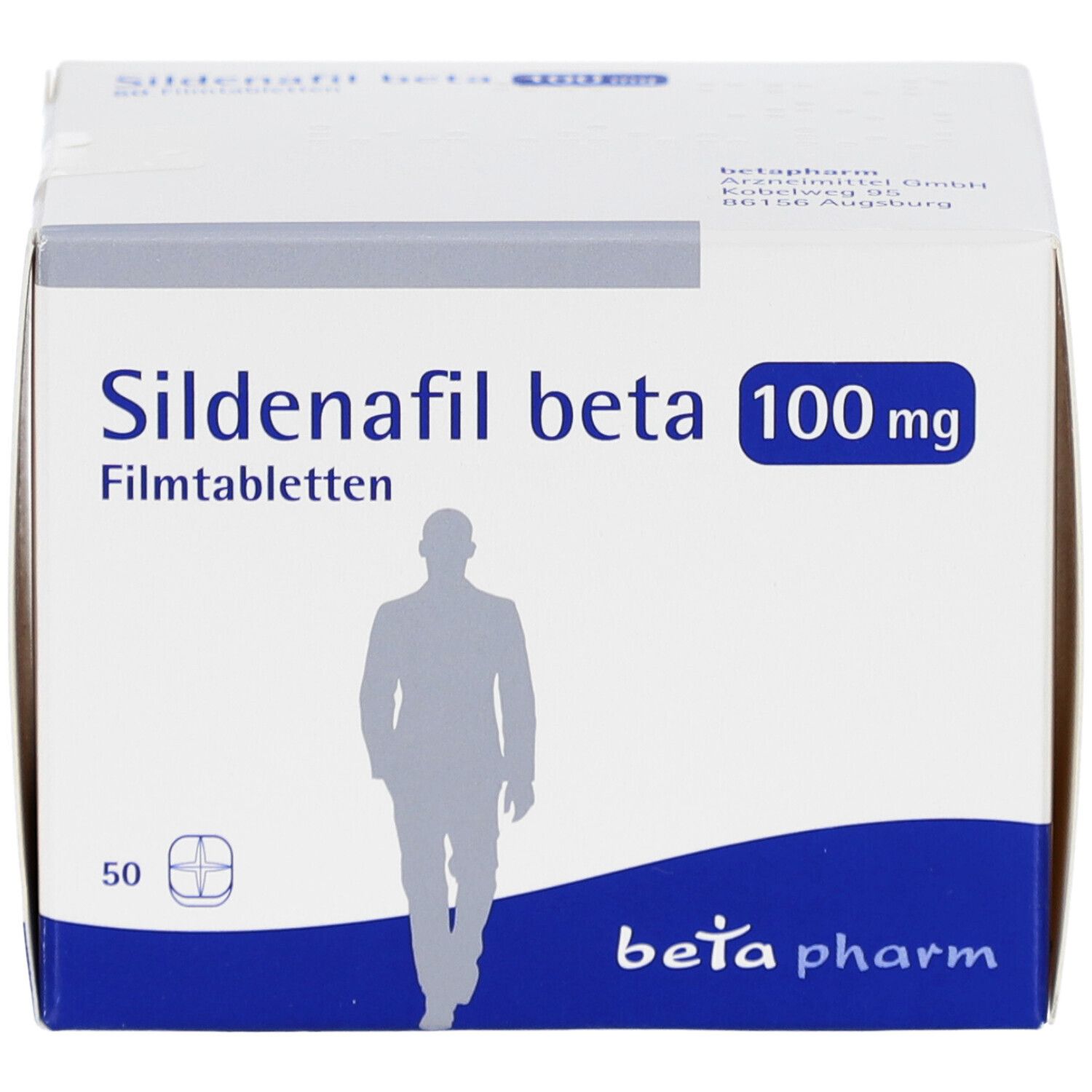 Sildenafil beta 100 mg Filmtabletten-Schachtel. Aufdruck: beta pharm, 50 Filmtabletten, Männchen-Silhouette.