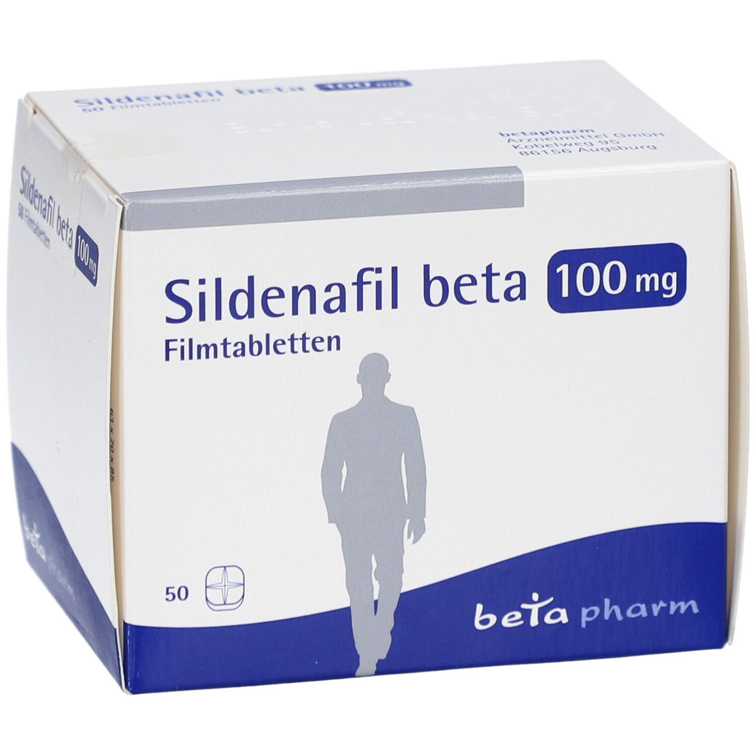 Sildenafil beta 100 mg Filmtabletten-Schachtel. Aufdruck: beta pharm, 50 Filmtabletten, Männchen-Silhouette.