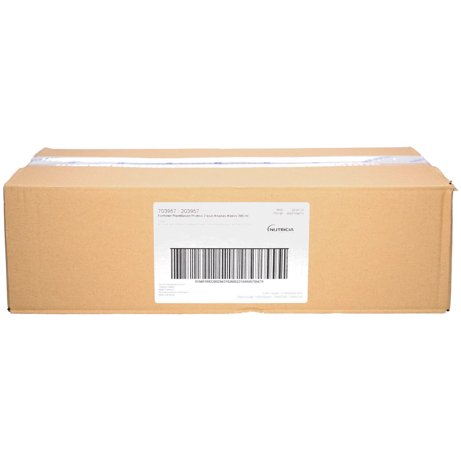 Braune Kartonverpackung mit weißem Etikett und Barcode. Aufkleber mit Produktinformationen und Logo.