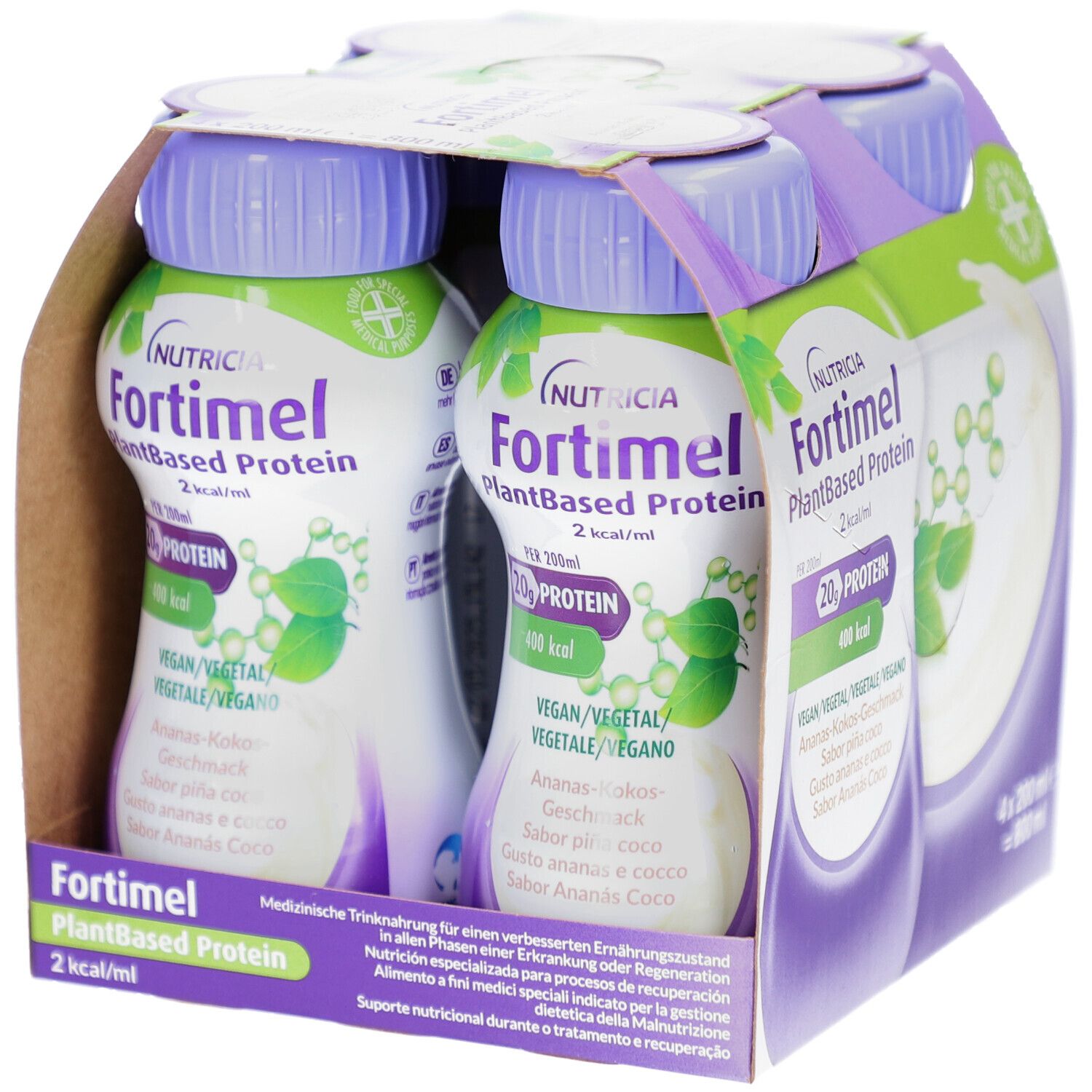 Packung mit vier Flaschen FORTIMEL PlantBased Protein. Flaschen mit lila Deckel, weißem Etikett und grünen Akzenten. 20g Protein.