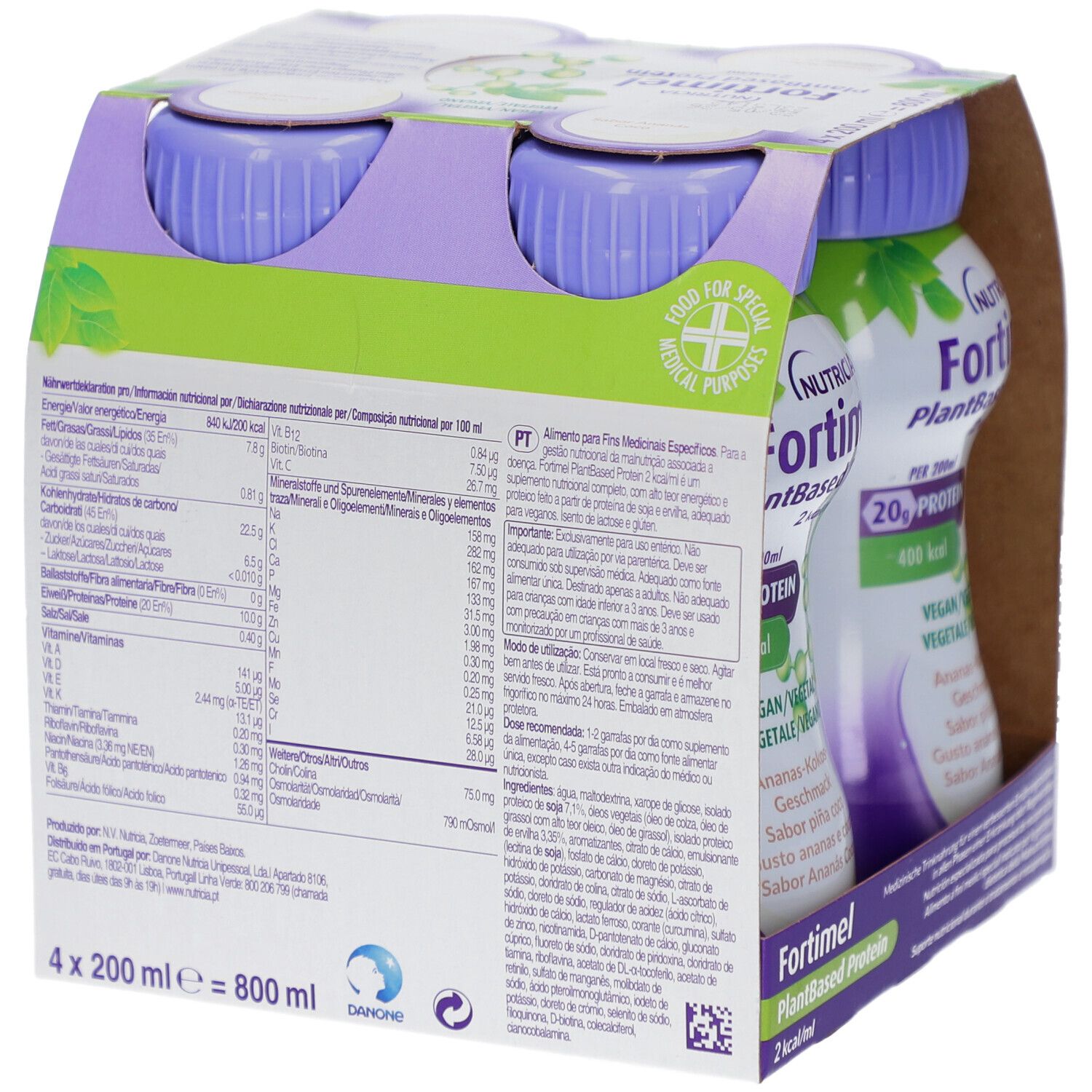 Rückseite der Packung mit vier Flaschen FORTIMEL PlantBased Protein. Enthält Nährwertinformationen und Inhaltsstoffe.
