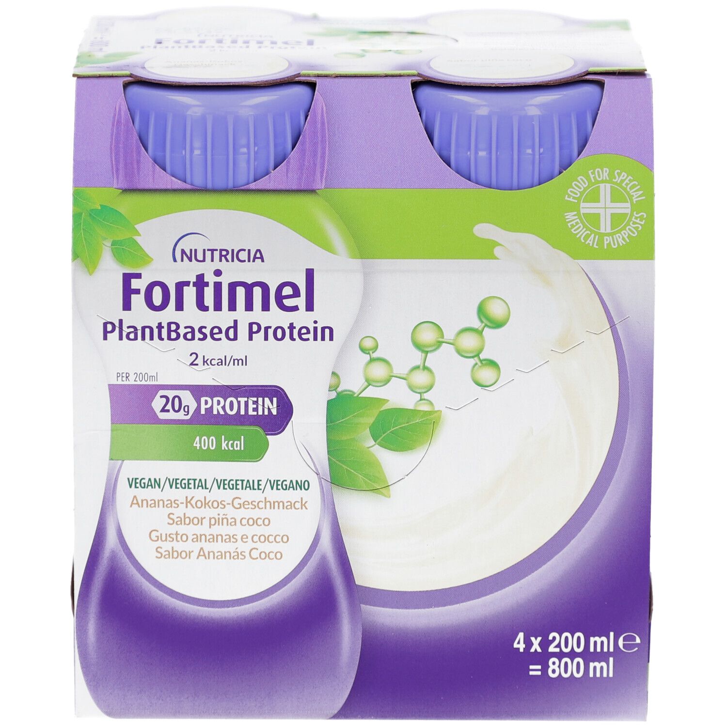 Einzelne Flasche FORTIMEL PlantBased Protein. Flasche mit lila Deckel, weißem Etikett und grünen Akzenten. 20g Protein.