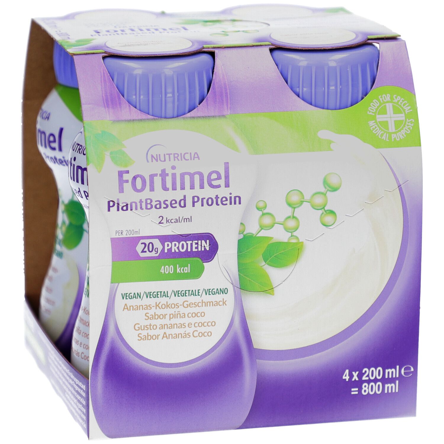 Packung mit vier Flaschen FORTIMEL PlantBased Protein. Flaschen mit lila Deckel, weißem Etikett und grünen Akzenten. 20g Protein.