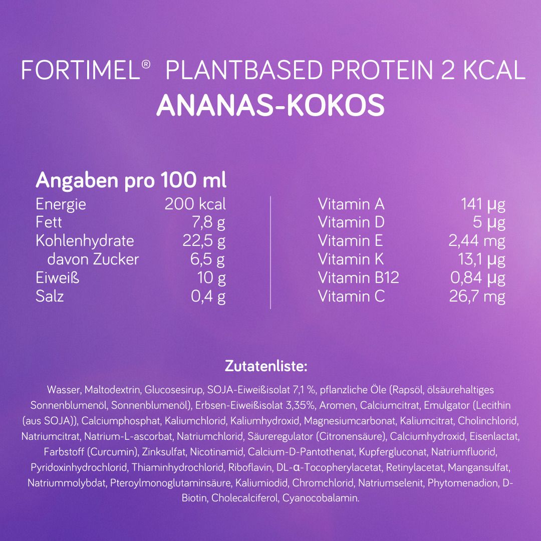 Nährwertangaben pro 100 ml von Fortimel PlantBased Protein. Energie, Fett, Kohlenhydrate, Zucker, Eiweiß, Salz.