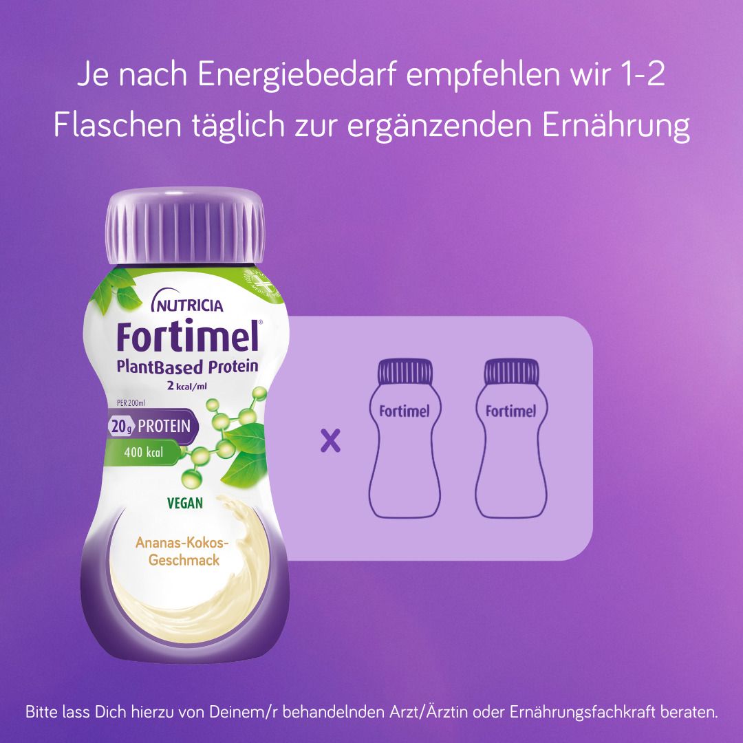 Fortimel PlantBased Protein, Ananas-Kokos-Geschmack. Empfehlung: 1-2 Flaschen täglich zur ergänzenden Ernährung.