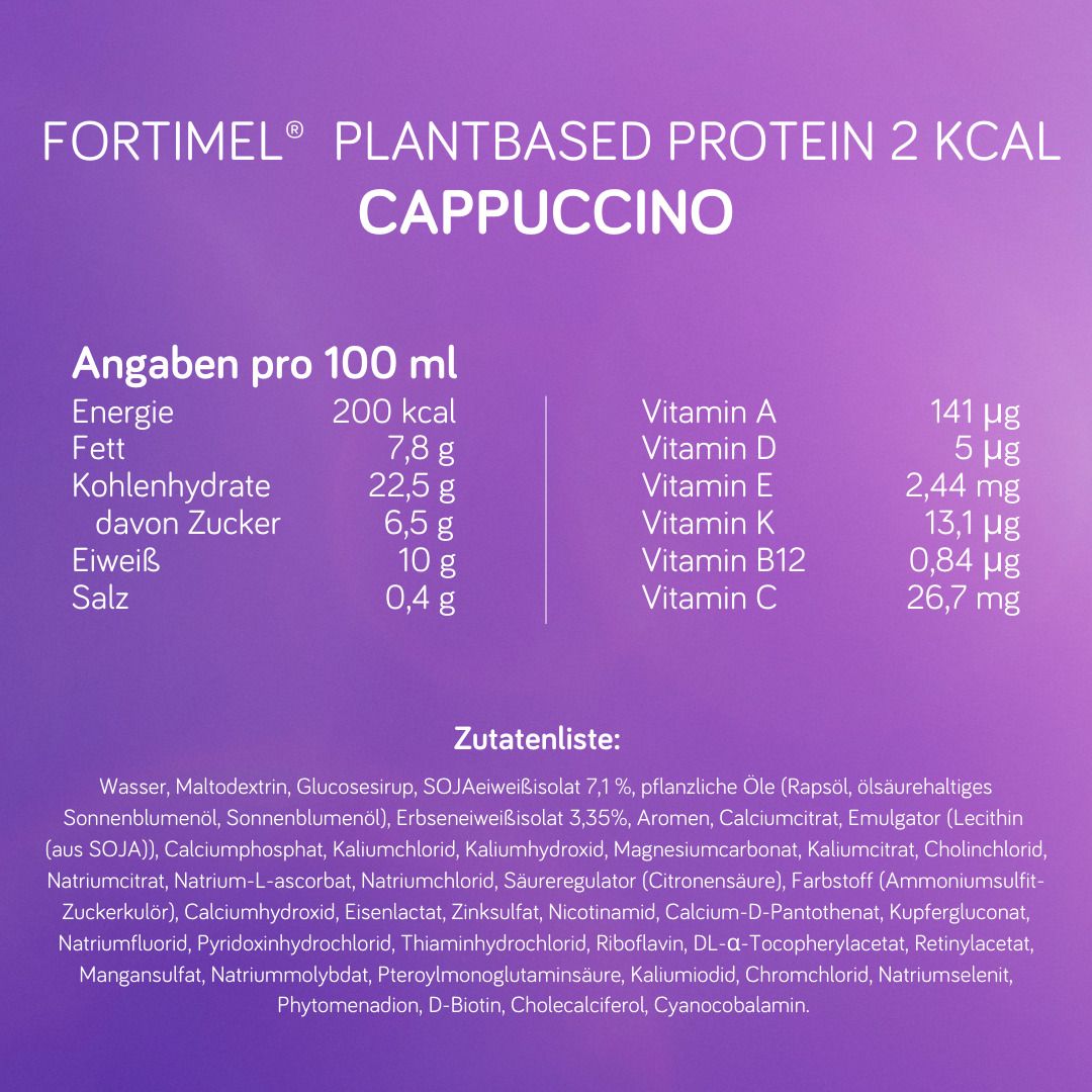 Nährwertangaben pro 100 ml von Fortimel PlantBased Protein Cappuccino. Enthält Energie, Fett, Kohlenhydrate, Eiweiß und Salz.