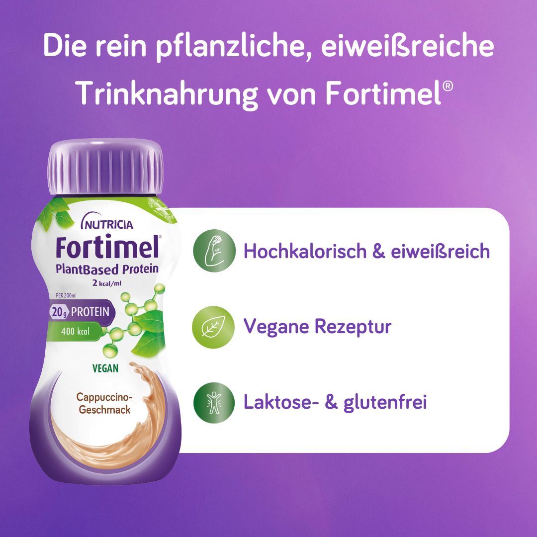 Fortimel PlantBased Protein Cappuccino Flasche. Merkmale: Hochkalorisch & eiweißreich, vegane Rezeptur, laktose- & glutenfrei.