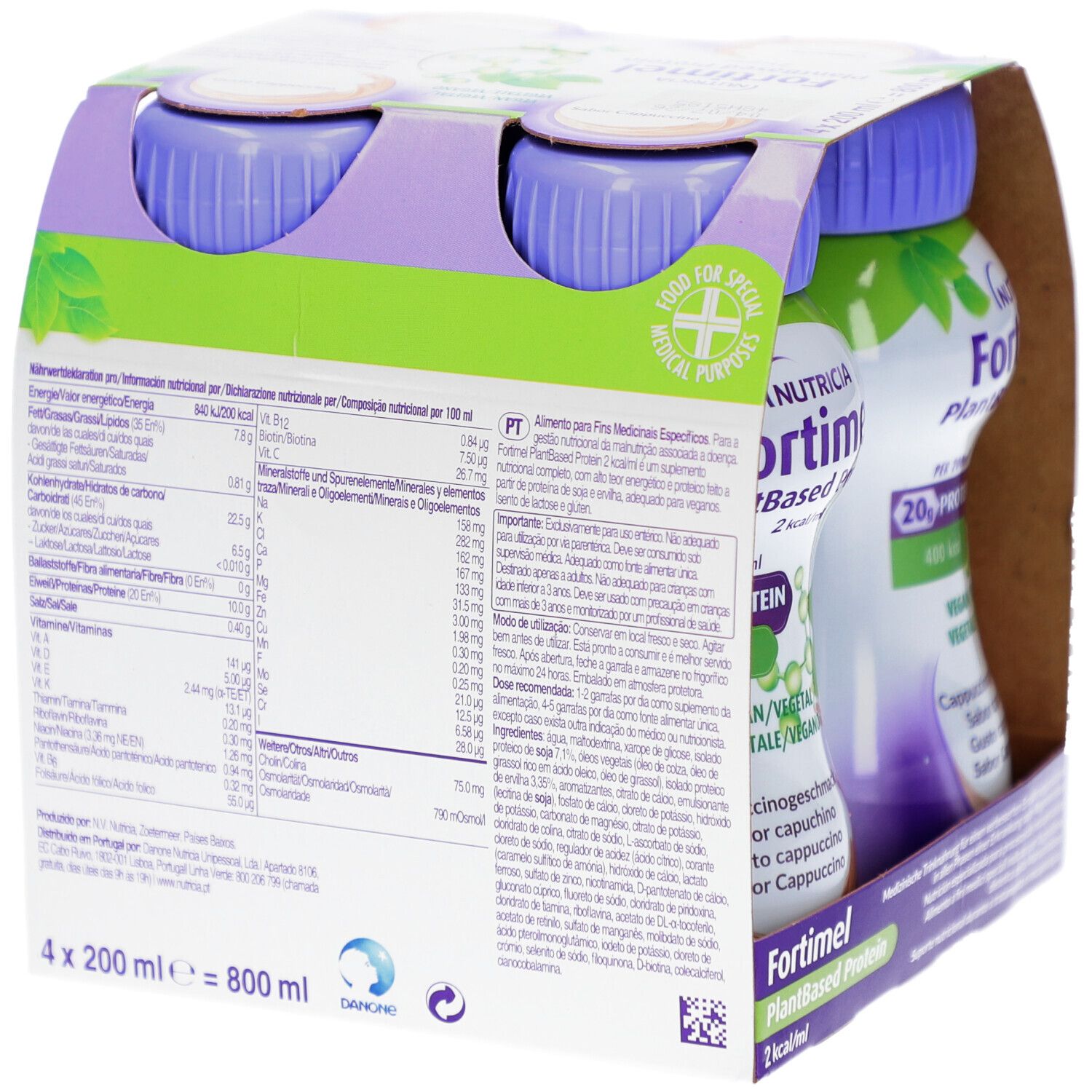 Rückseite der Verpackung mit vier Flaschen FORTIMEL PlantBased Protein Cappuccino. Text mit Nährwertangaben und Inhaltsstoffen.