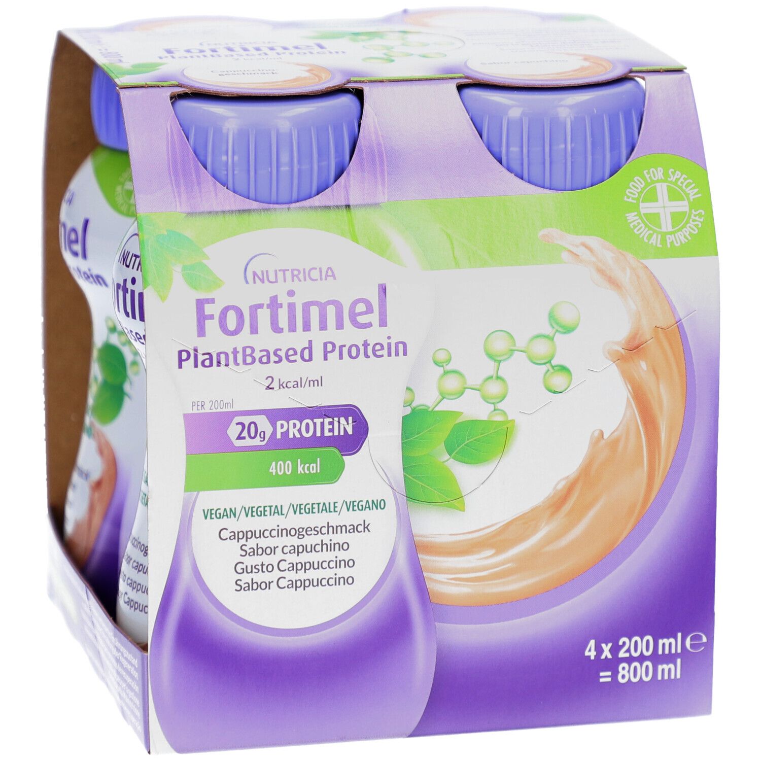 Packung mit vier Flaschen FORTIMEL PlantBased Protein Cappuccino. Flaschen mit lila Deckeln. Aufdruck mit Produktinformationen.