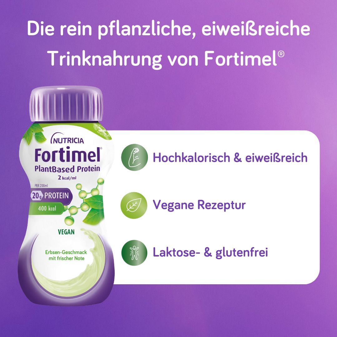 FORTIMEL PlantBased Protein Flasche. Text: Hochkalorisch & eiweißreich, Vegane Rezeptur, Laktose- & glutenfrei.