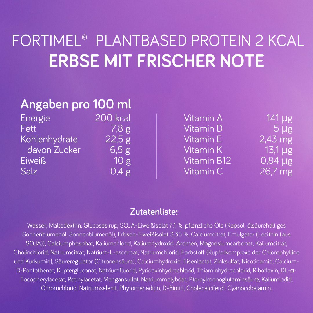 Nährwerttabelle für FORTIMEL PlantBased Protein. Angaben pro 100 ml: 200 kcal, 10g Eiweiß, Vitamine.