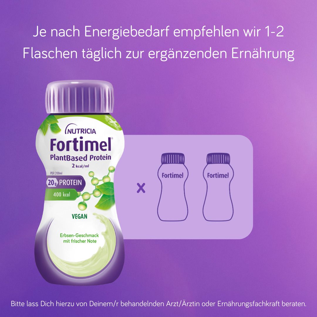 Flasche FORTIMEL PlantBased Protein, lila Deckel. Empfehlung: 1-2 Flaschen täglich zur ergänzenden Ernährung.