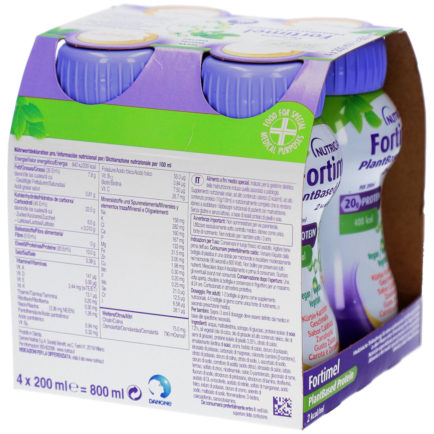 Rückseite der Packung mit Nährwertinformationen für FORTIMEL PlantBased Protein. Enthält Angaben pro 100 ml.