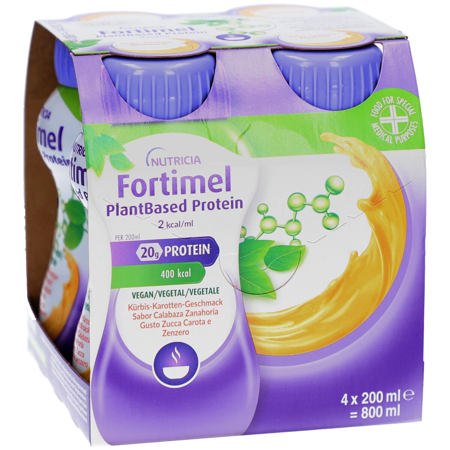 Packung mit vier Flaschen FORTIMEL PlantBased Protein. Aufdrucke: 2 kcal/ml, 20g Protein, 400 kcal, Kürbis-Karotten-Geschmack.