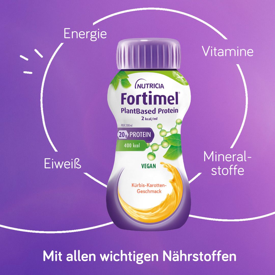 Fortimel PlantBased Protein, Kürbis-Karotte-Geschmack. Enthält Energie, Eiweiß, Vitamine, Mineralstoffe. Vegan.