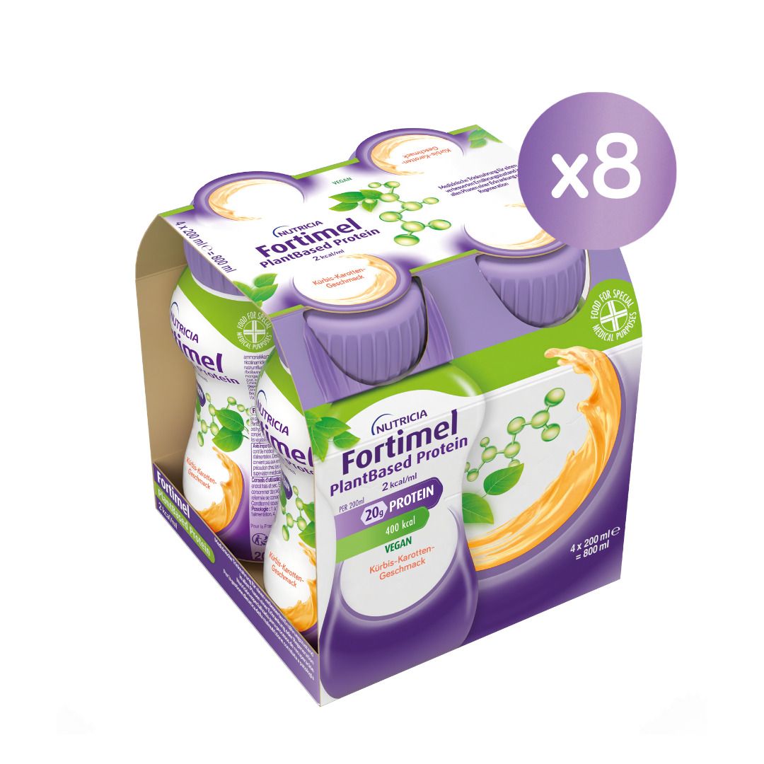 Fortimel PlantBased Protein, Kürbis-Karotte, 8 Flaschen in Verpackung. Vegan, 20g Protein. 4 x 200 ml.