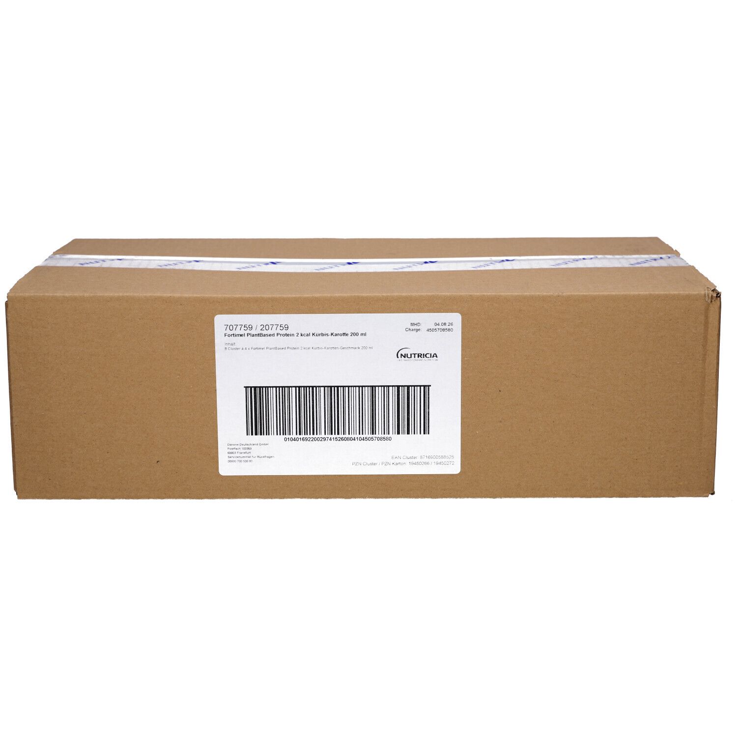Brauner Karton mit weißem Klebeband. Ein Etikett mit Barcode und Text. Logo von Nutricia.