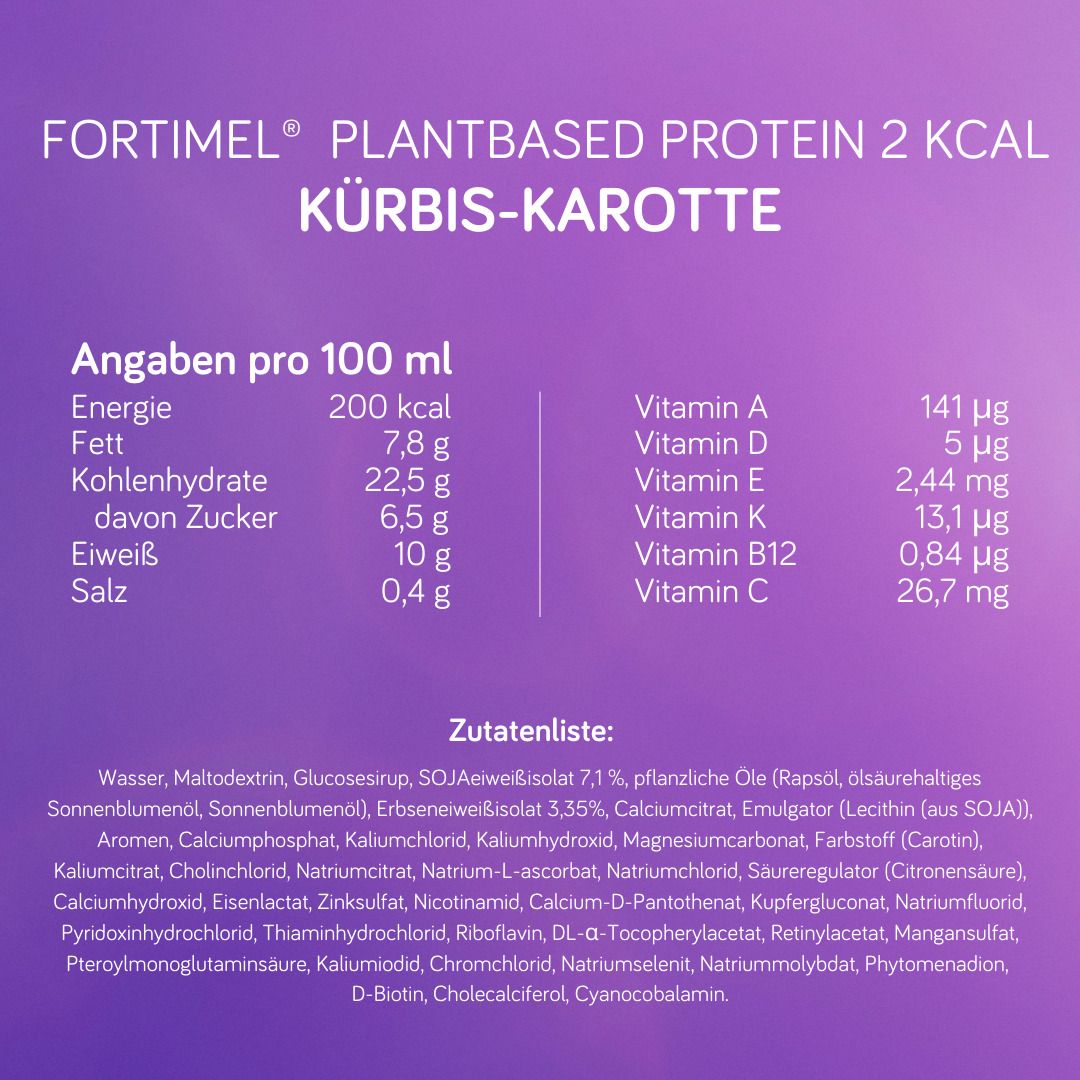 Nährwertangaben und Zutatenliste für Fortimel PlantBased Protein Kürbis-Karotte. 200 kcal, 10g Eiweiß, vegan.