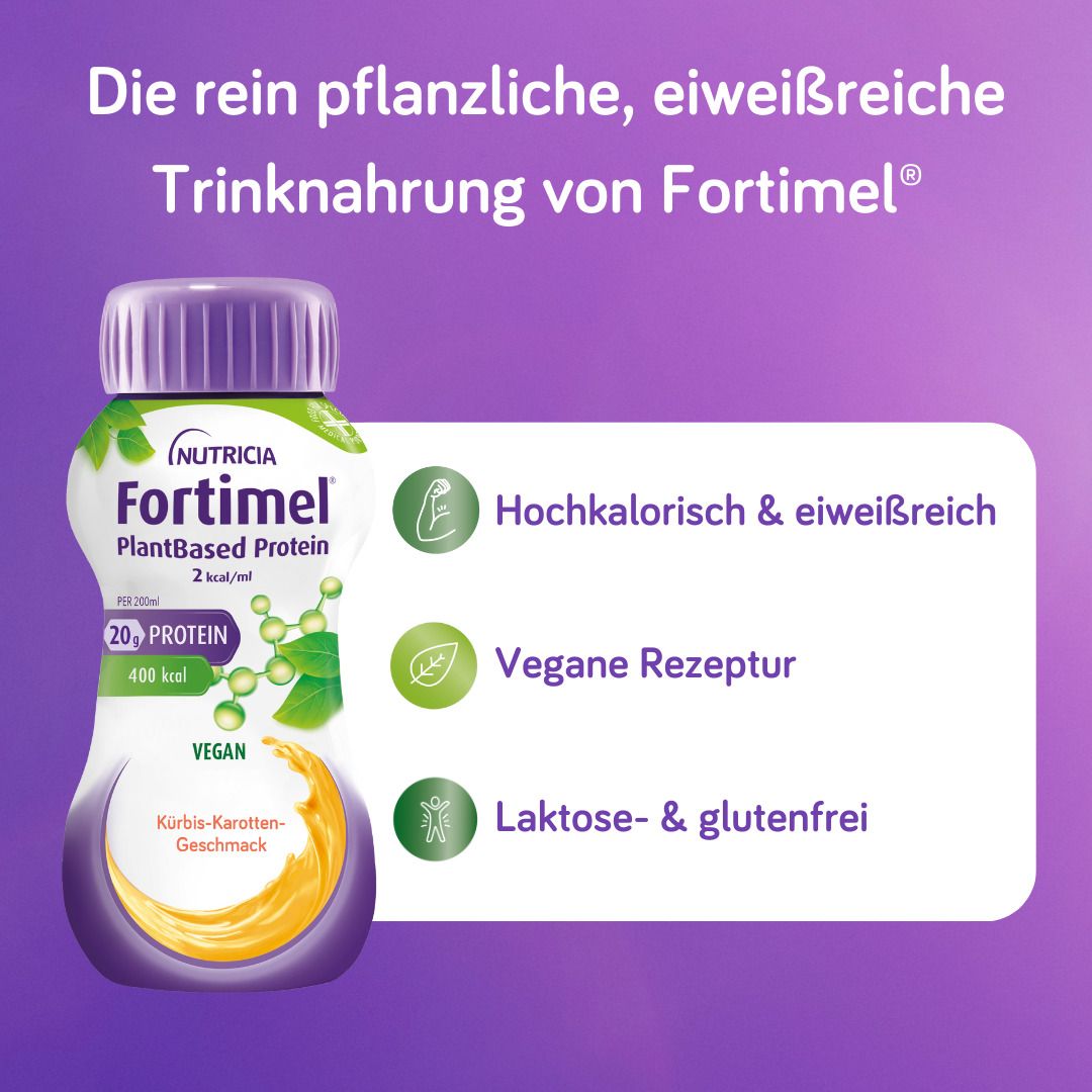 Fortimel PlantBased Protein Flasche, Kürbis-Karotte. Hochkalorisch, eiweißreich, vegan, laktose- & glutenfrei.