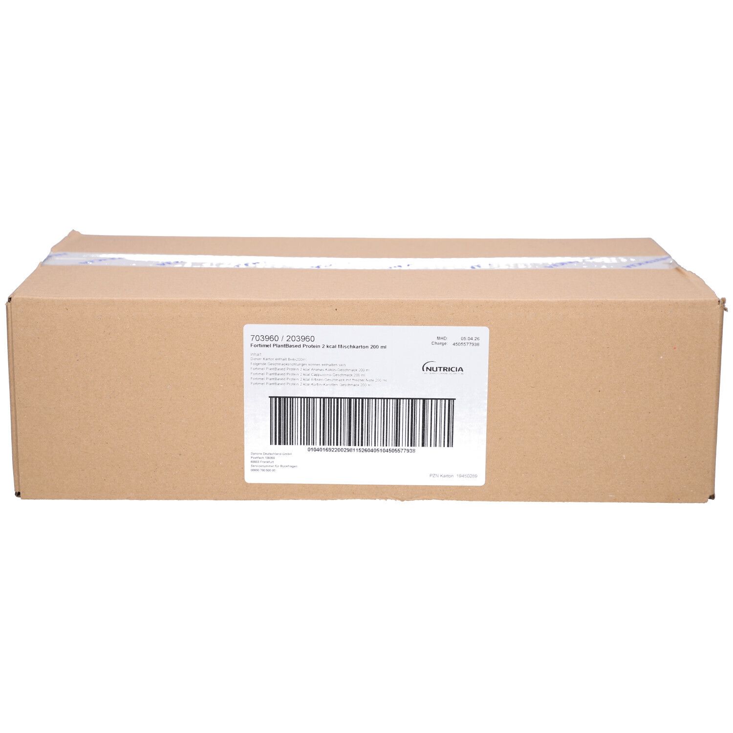 Karton mit Produktinformationen und Barcode. Aufkleber mit Produktnamen und Hersteller.