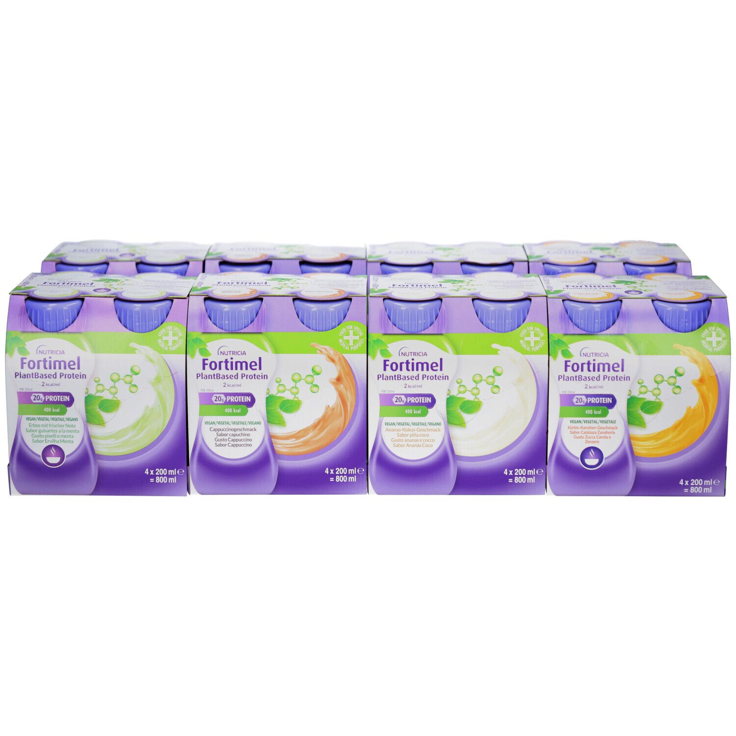 Mehrere Packungen FORTIMEL PlantBased Protein in verschiedenen Geschmacksrichtungen. Lila Verpackung.