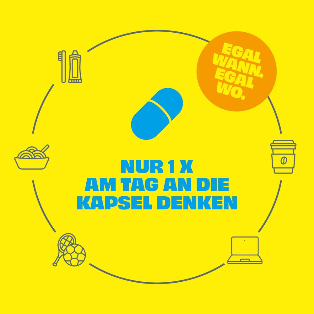 Gelber Hintergrund mit Symbolen: Kapsel, Kaffee, Laptop, Tennisball, Spaghetti, Zahnbürste.