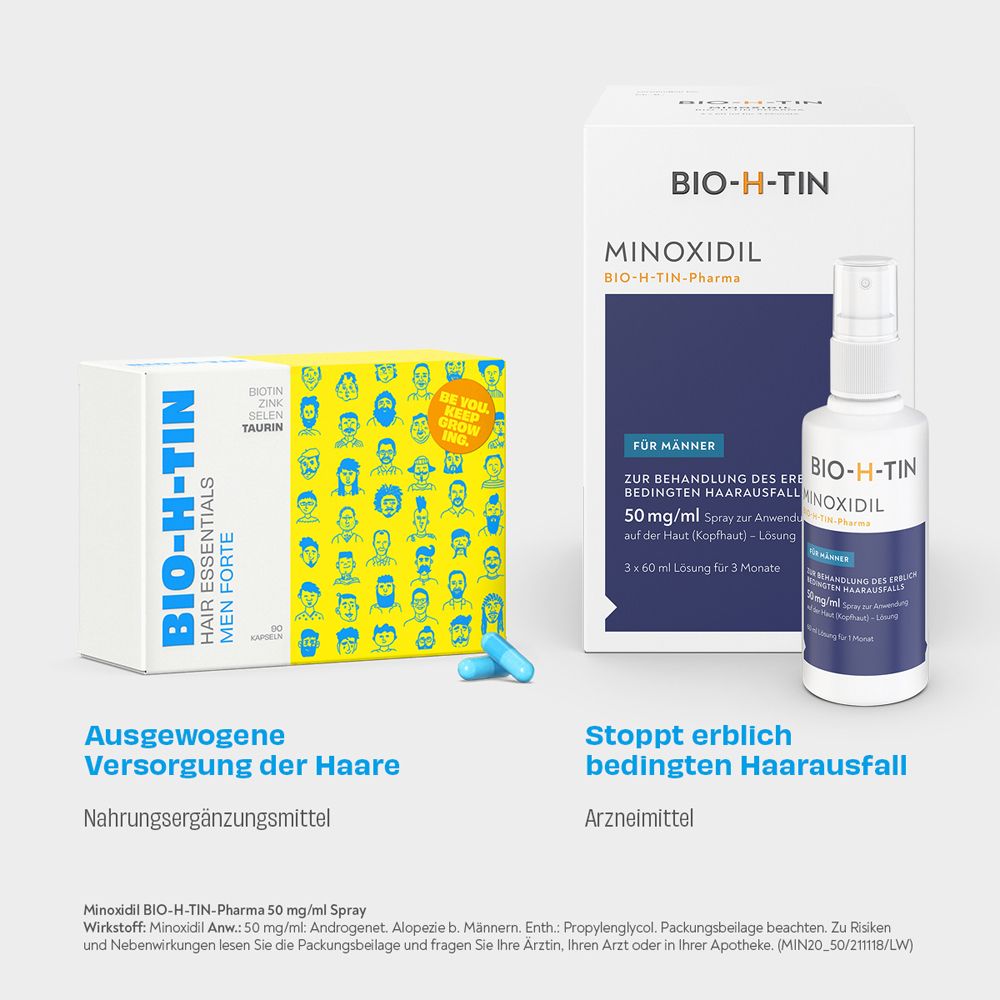 BIO-H-TIN Hair Essentials Men Forte, Minoxidil-Spray. Text: Ausgewogene Versorgung der Haare. Stoppt erblich bedingten Haarausfall.