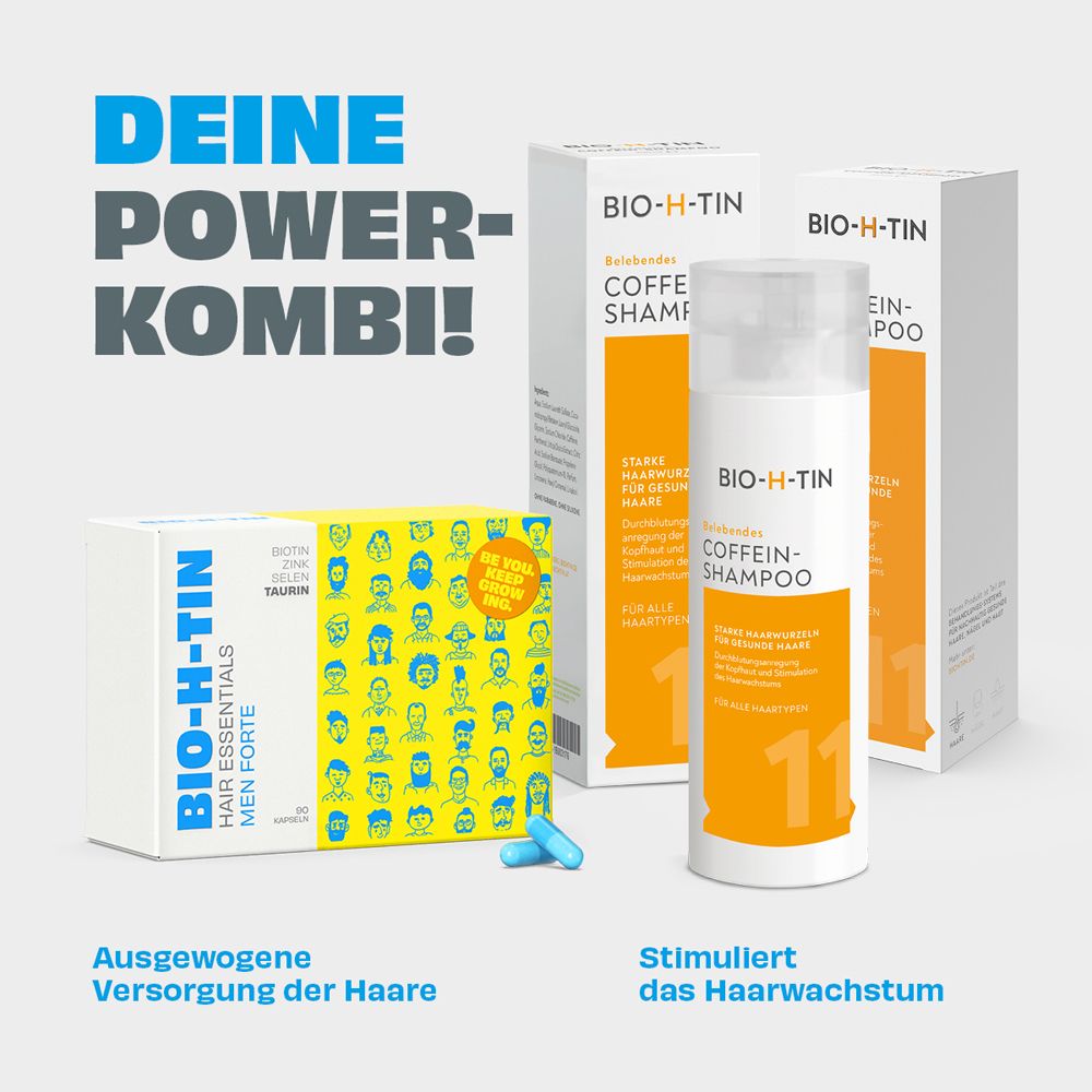 BIO-H-TIN Hair Essentials Men Forte, Coffein-Shampoo. Text: Deine Power-Kombi! Stimuliert das Haarwachstum.