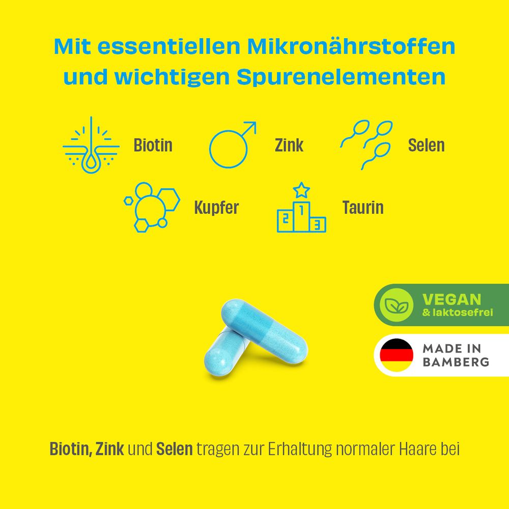 Gelber Hintergrund mit Illustrationen und Text. Zwei blaue Kapseln. Logos und Text zu Inhaltsstoffen und Zertifizierungen.
