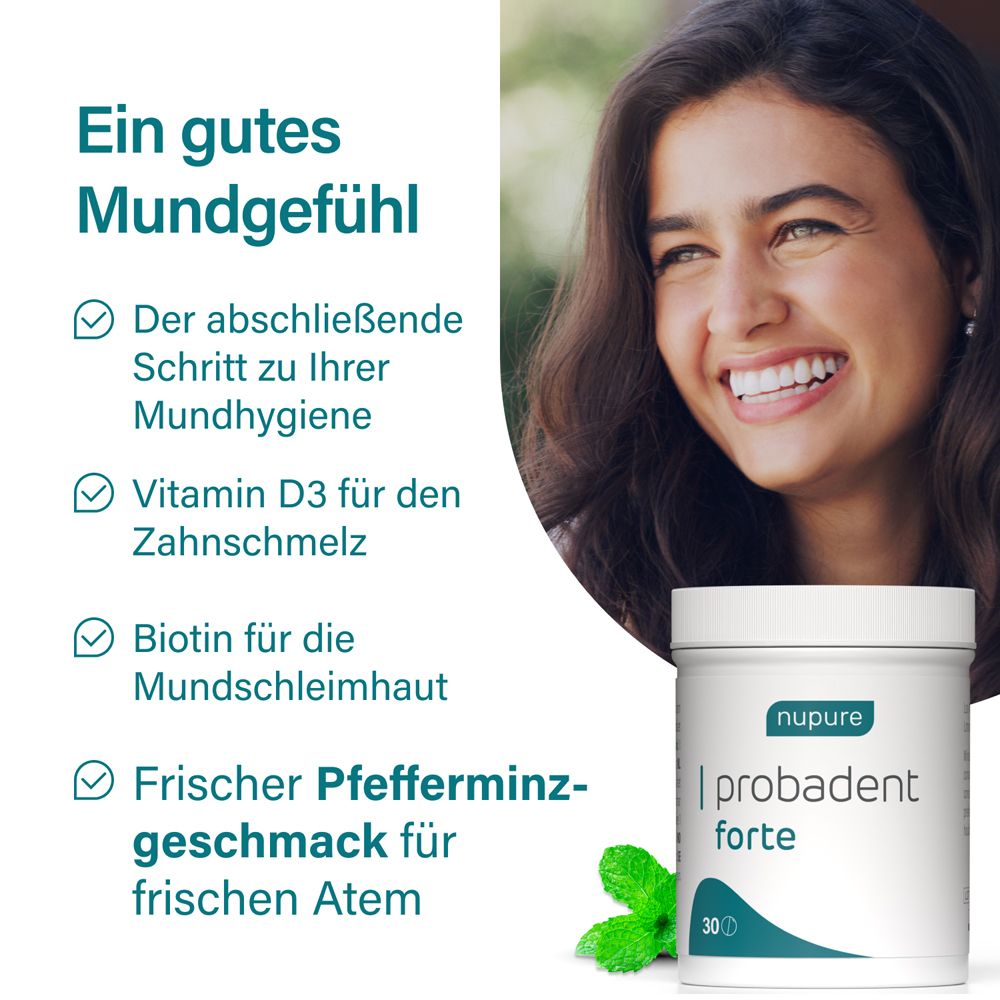 Frau lächelt. Dose nupure probadent forte. Text: Gutes Mundgefühl.