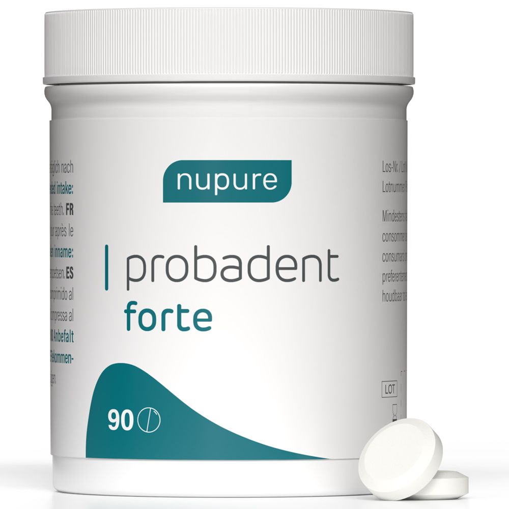 Weiße Dose mit 'nupure probadent forte' und Tabletten. 90 Tabletten.