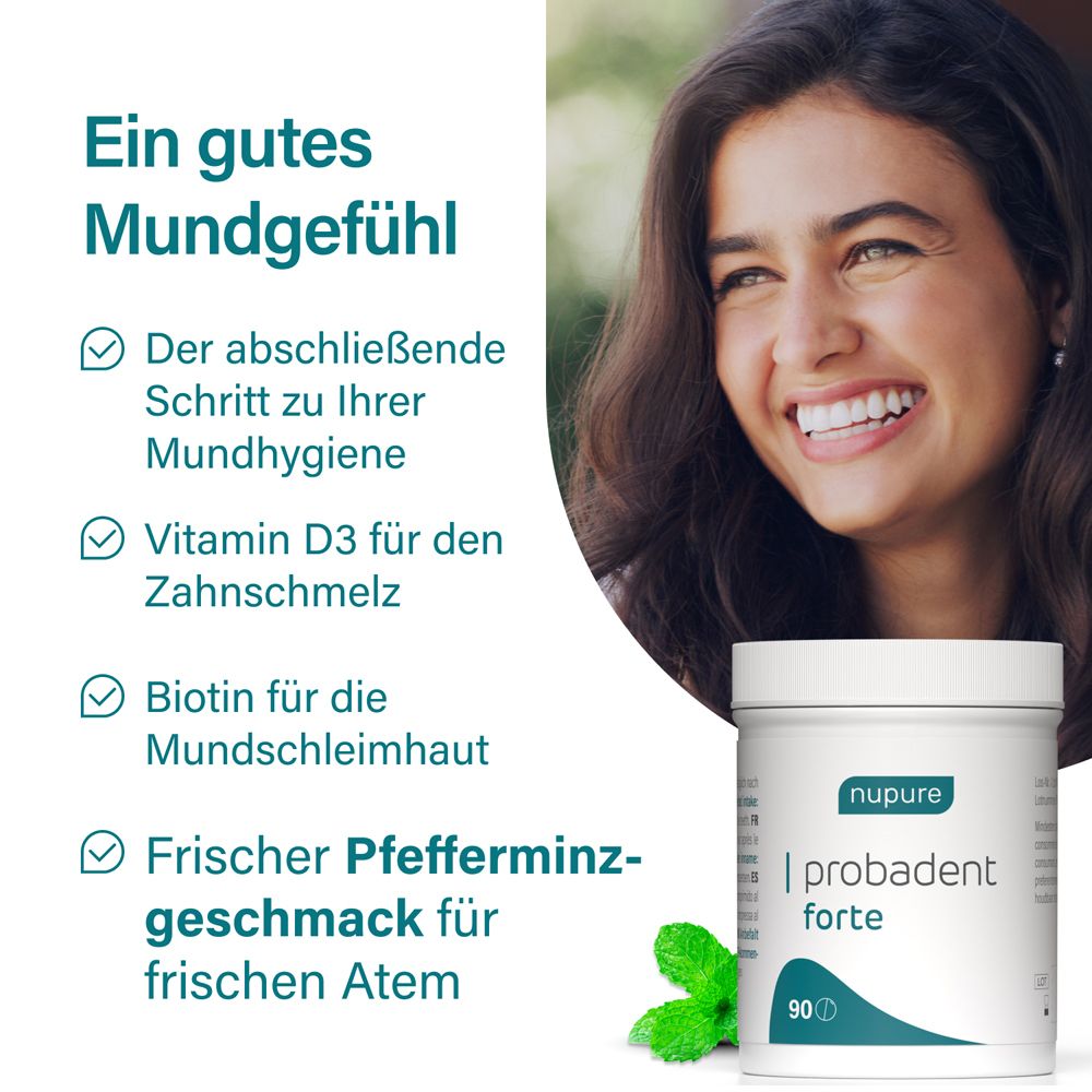Frau lächelt. Dose 'nupure probadent forte'. Text: Mundgefühl, Vitamin D3, Biotin, Pfefferminz.