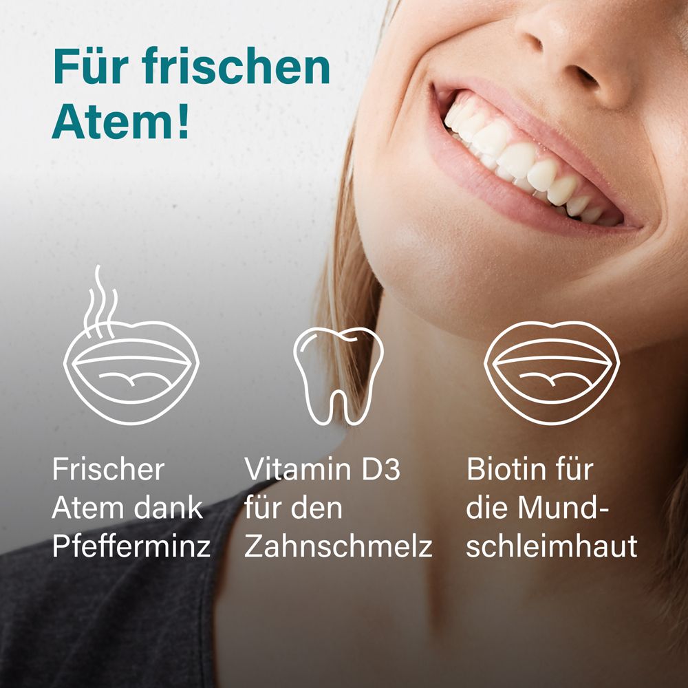 Zahnmodell, Mund. Text: Frischer Atem, Vitamin D3, Biotin.