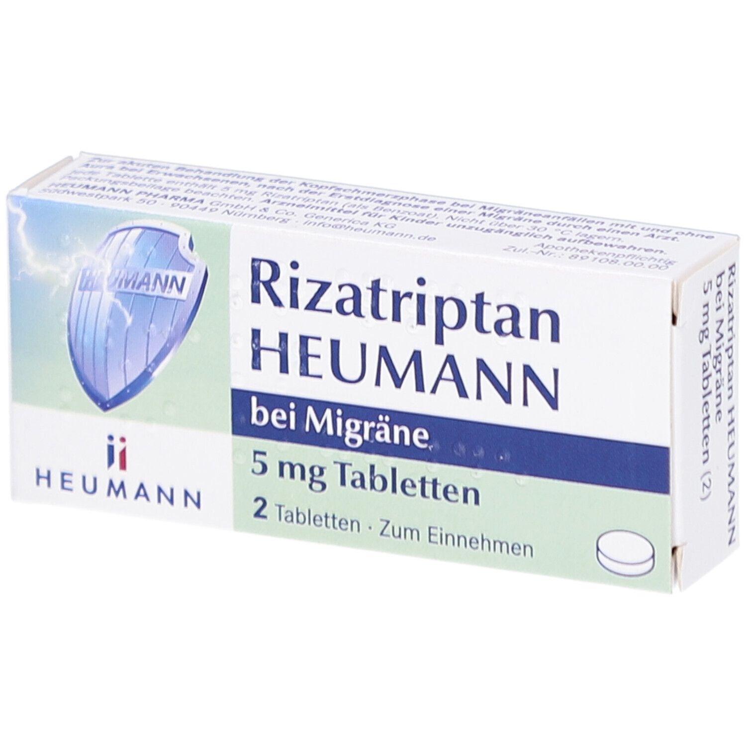Schachtel mit Rizatriptan HEUMANN bei Migräne 5 mg Tabletten. Blaue und weiße Verpackung mit Logo und Produktinformationen. Zwei Tabletten.