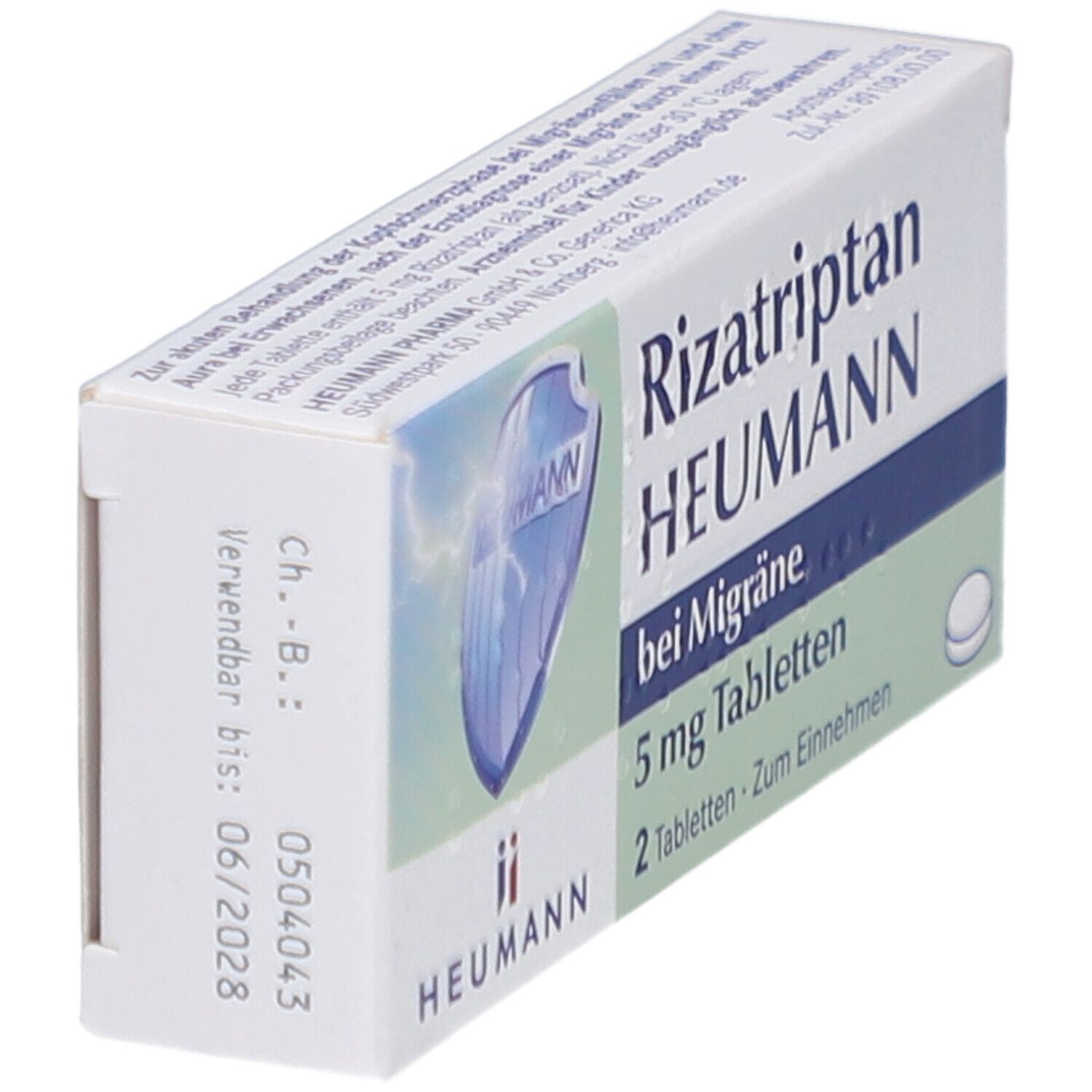 Schachtel Rizatriptan HEUMANN bei Migräne. Seitenansicht mit Haltbarkeitsdatum 06/2028. Weiße Verpackung mit blauer Schrift.